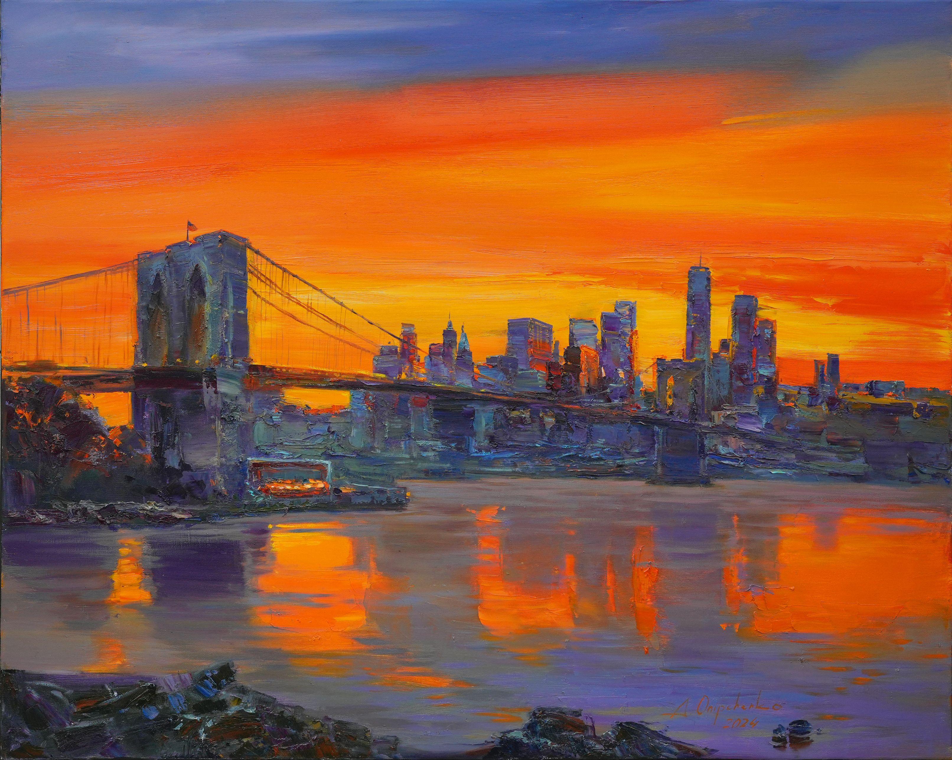 Brooklyn Bridge at sunset, Painting, Oil on Canvas - Art by Alisa Onipchenko-Cherniakovska