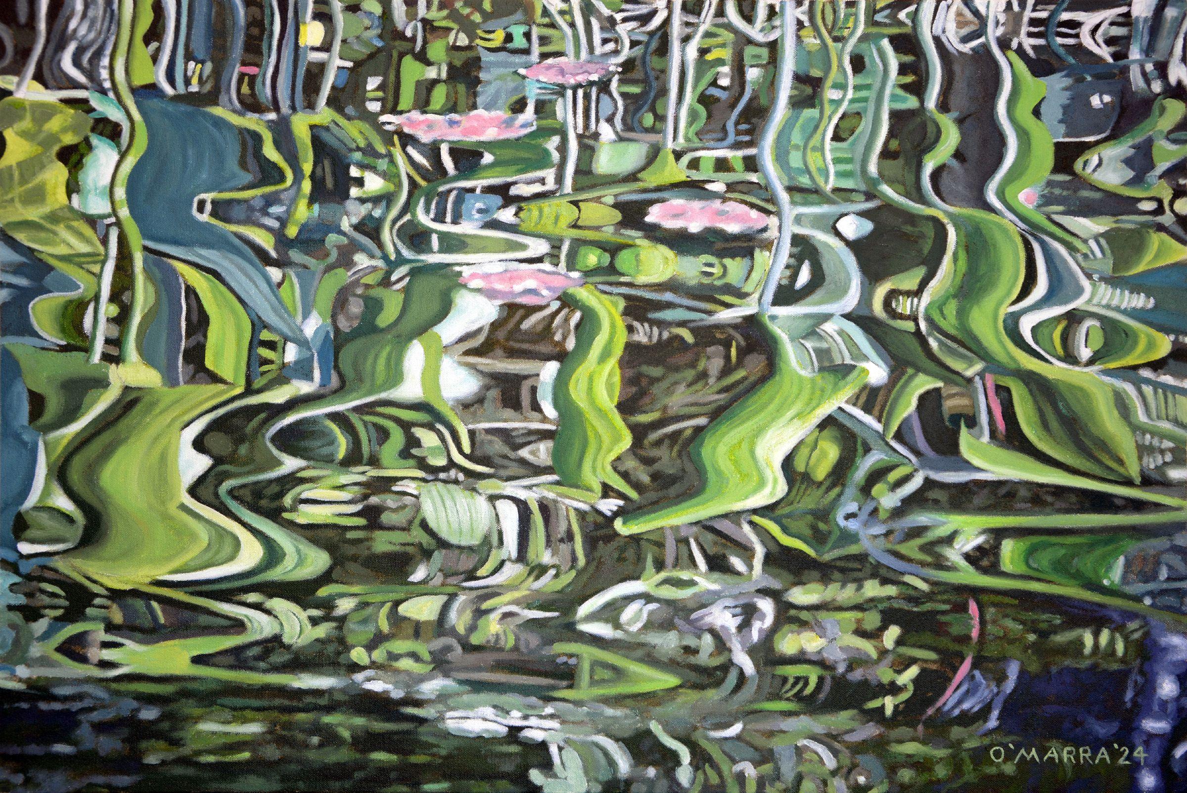 Abstracción en la superficie del lago, Pintura, Óleo sobre lienzo - Art de Allan O'Marra
