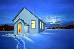 Schulhaus und Wintermond, Gemälde, Öl auf Leinwand