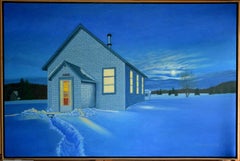 Schulhaus und Wintermond, Gemälde, Öl auf Leinwand