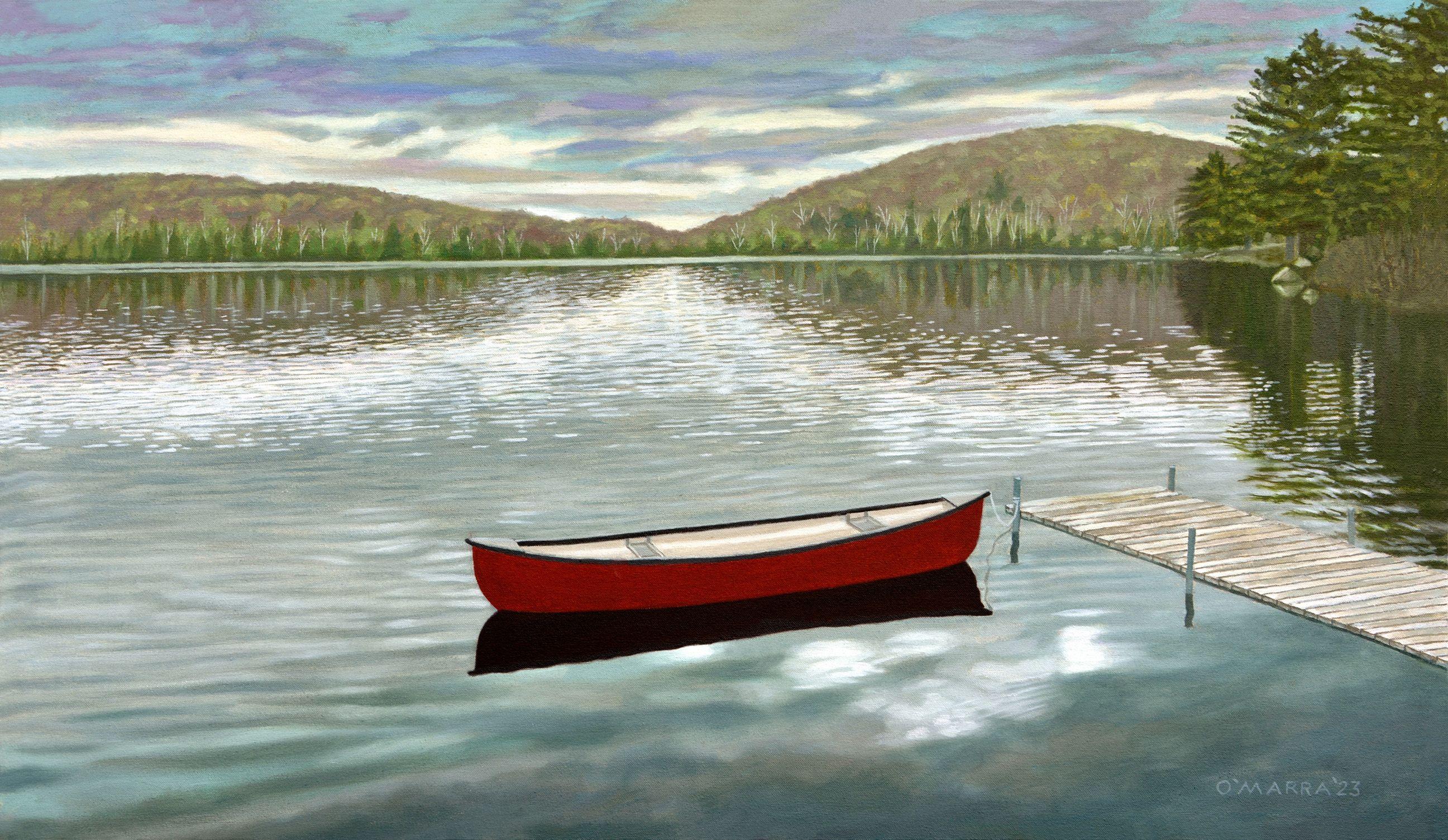 Red Canoe - Clark Lake, Painting, Oil on Canvas