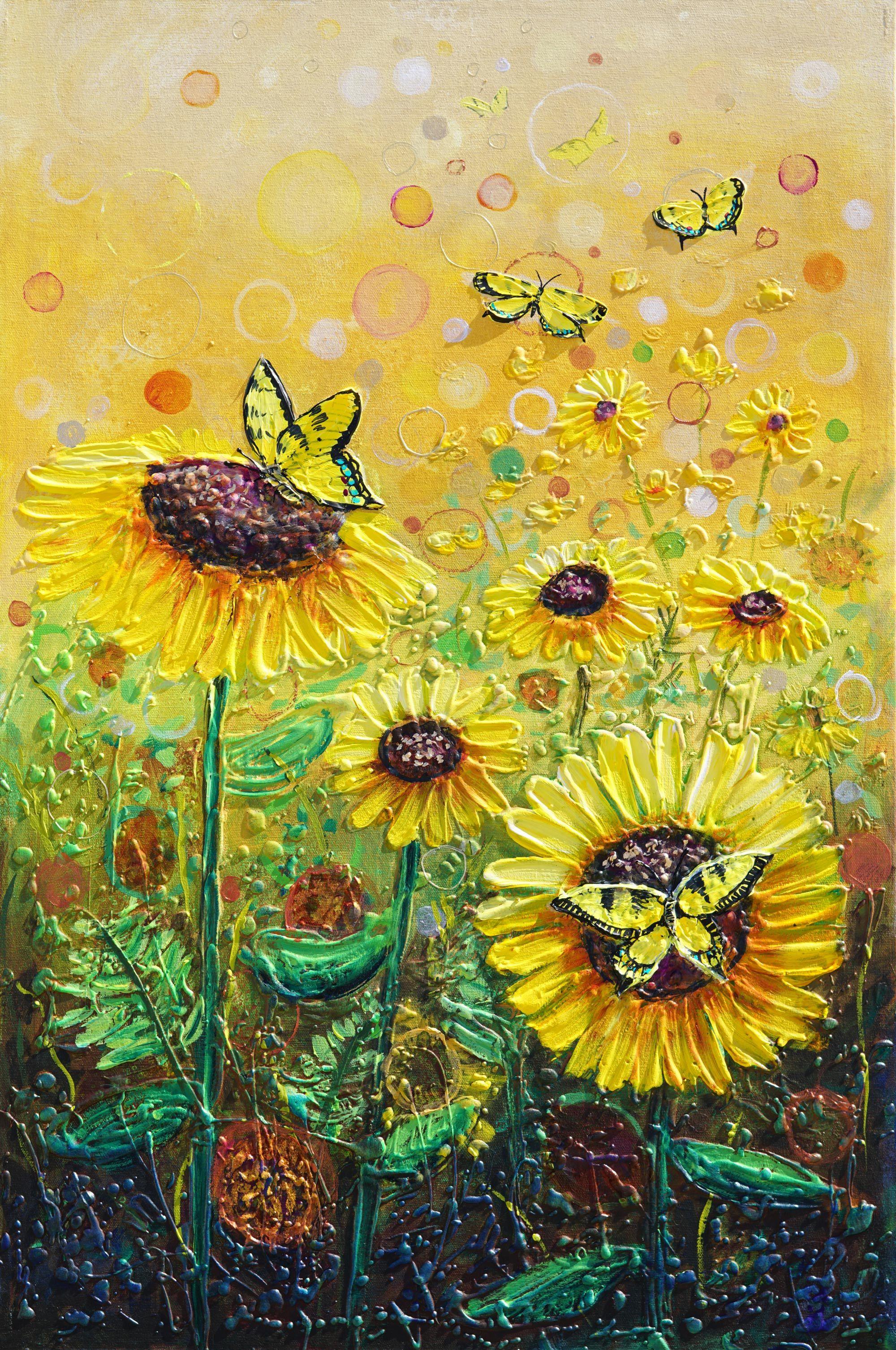 Tanzende Schwalbenschwänze zwischen Sonnenblumen, Gemälde, Acryl auf Leinwand – Art von Amanda Dagg