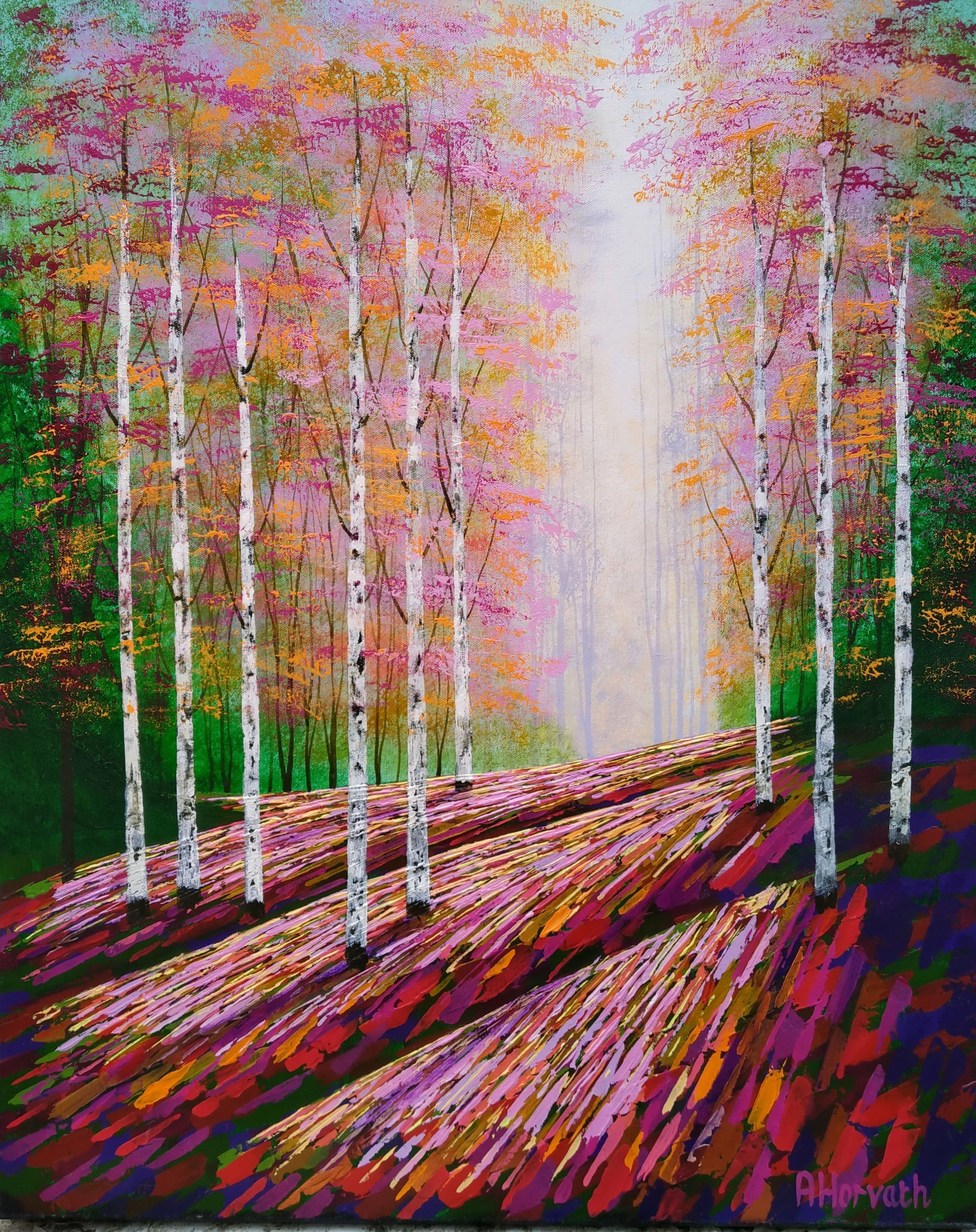 Luce della foresta dorata, Pittura, Acrilico su tela - Art di Amanda Horvath