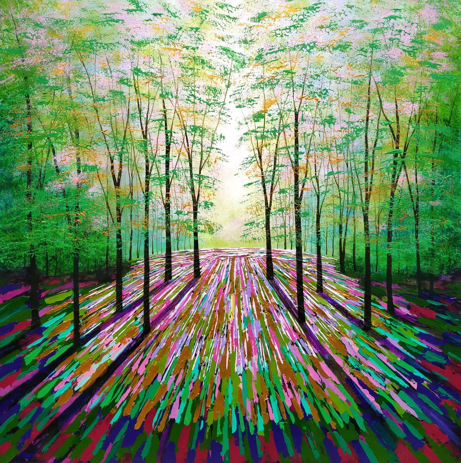 Gold and Magenta Wood, Painting, Acrylic on Canvas - Art by Amanda Horvath