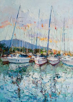 Yachts at sunset, Painting, Oil on Canvas