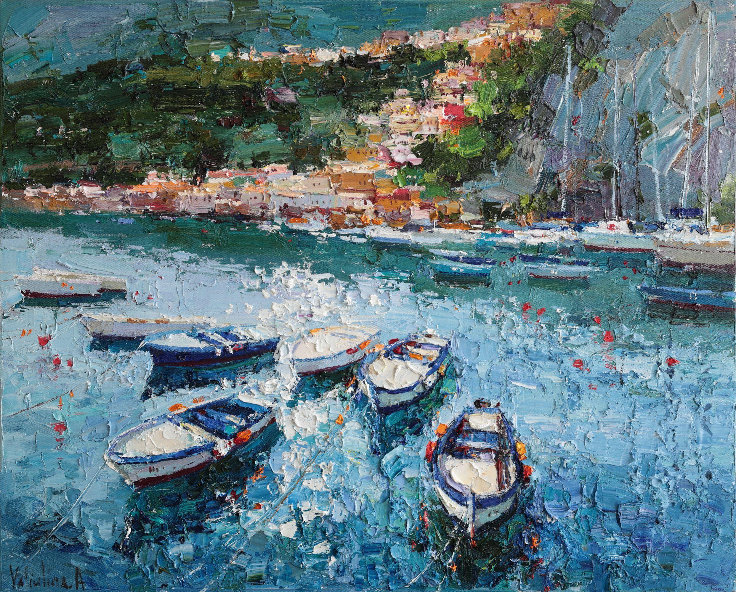 Barche nella baia, Pittura, Olio su tela - Art di Anastasiia Valiulina