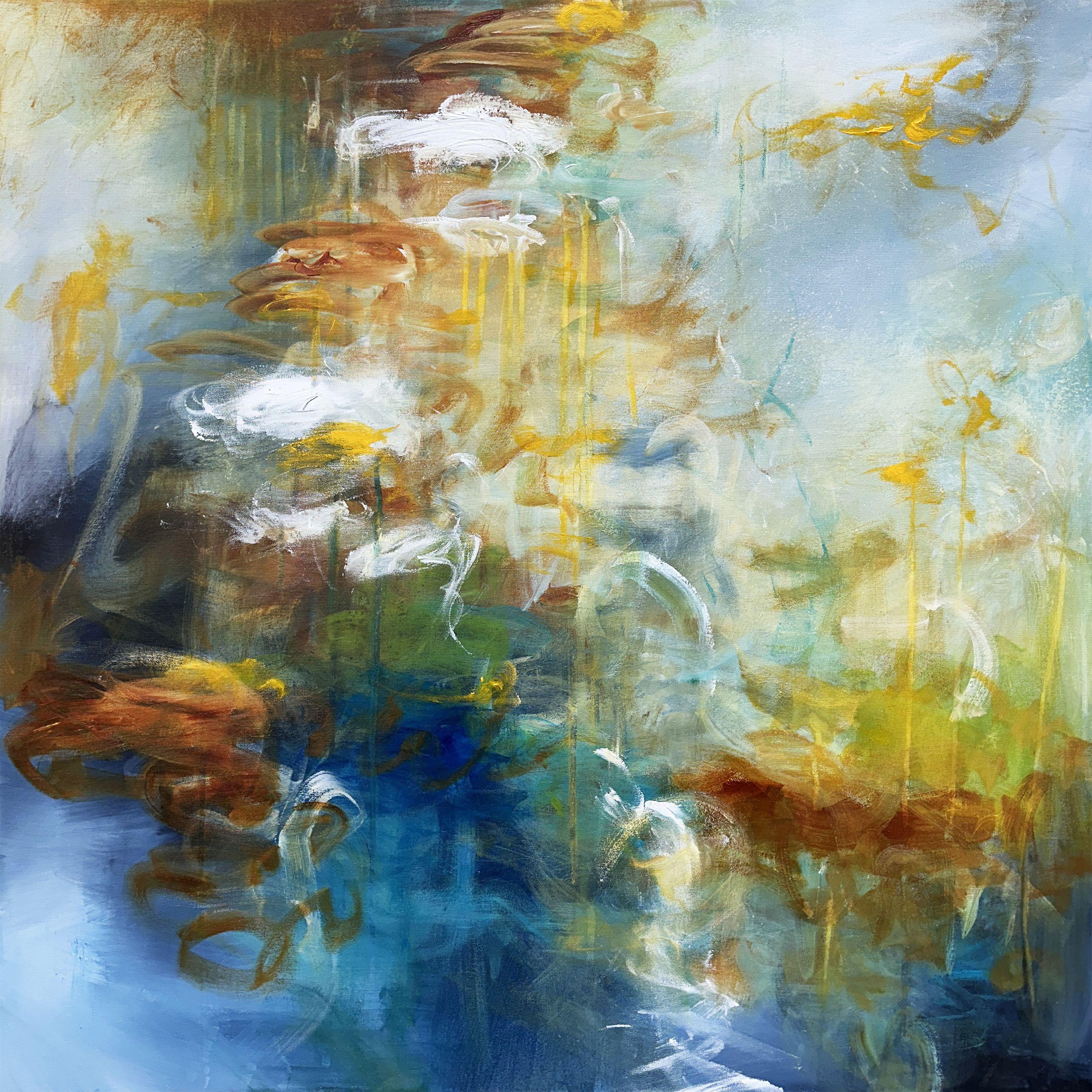 Lilien in sanfter Reflexion, Gemälde, Acryl auf Leinwand – Art von Andrada Anghel