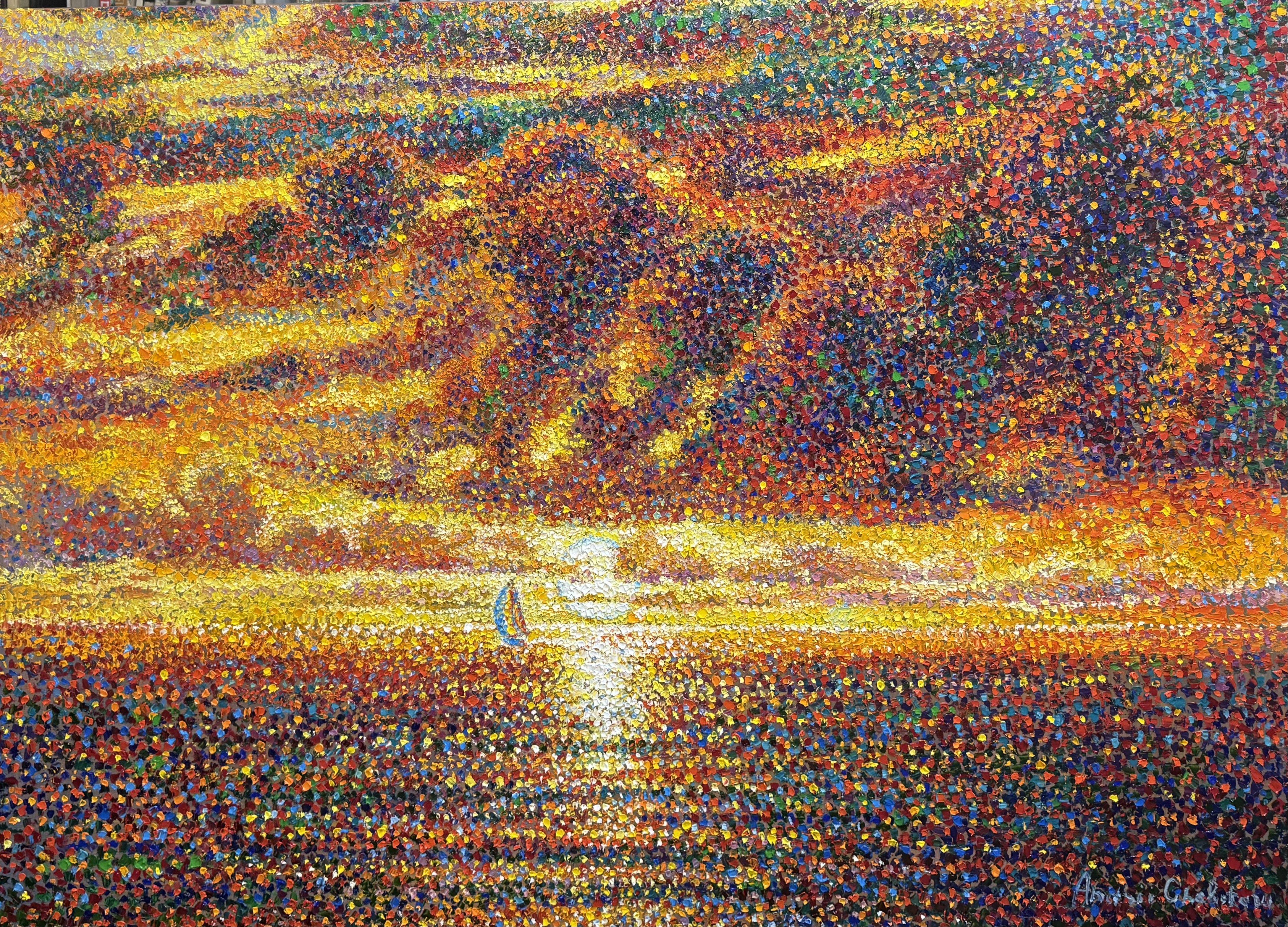 Path of light. Pointillism landscape., Painting, Oil on Canvas