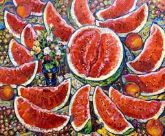 Sweet summer. Watermelon still life., Painting, Oil on Canvas