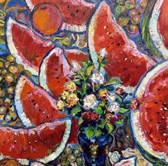 Süßer Sommer. Wassermelone stillleben, Gemälde, Öl auf Leinwand