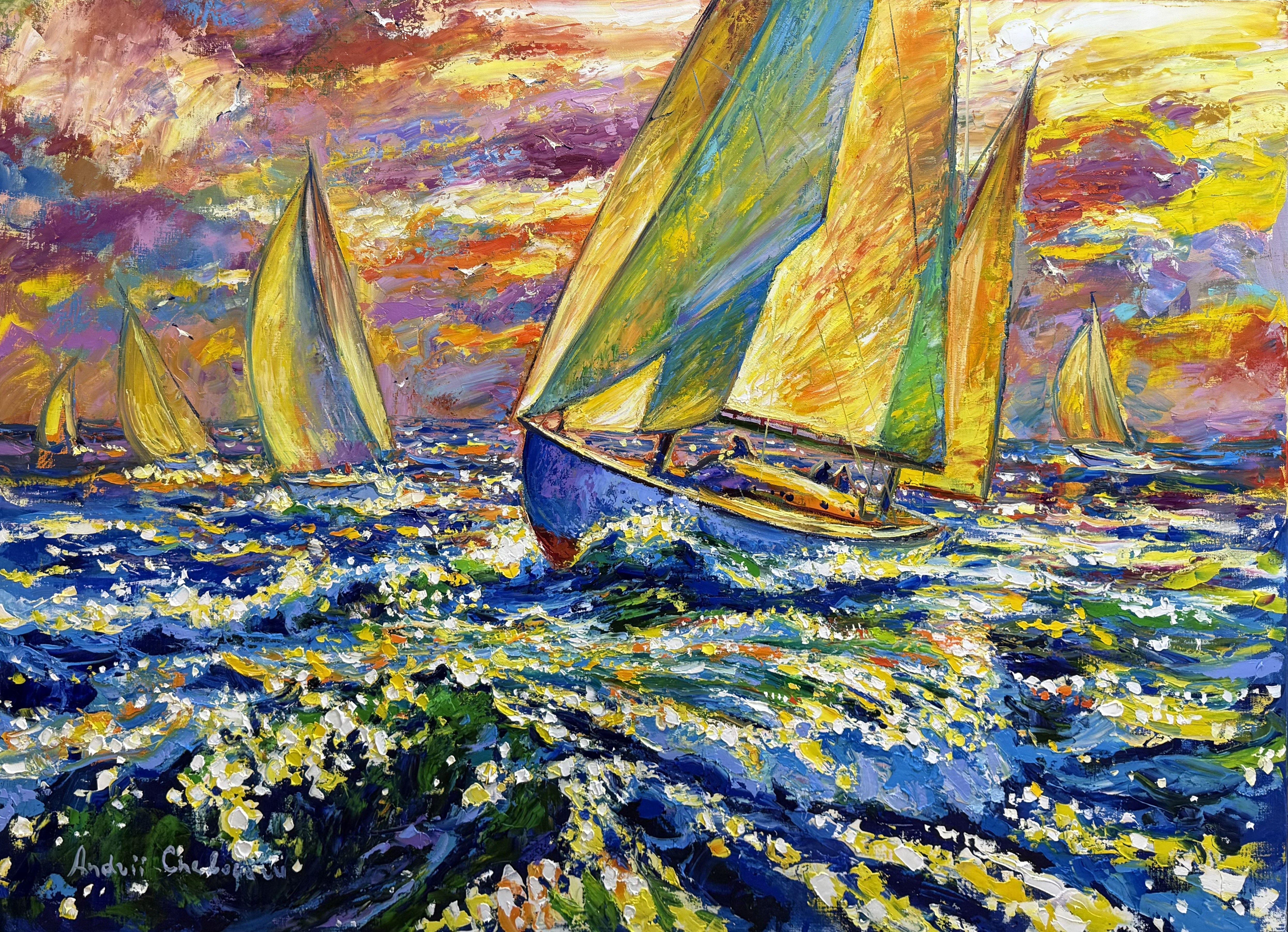 Sails of freedom, Painting, Oil on Canvas - Art by Andrii  Chebotaru