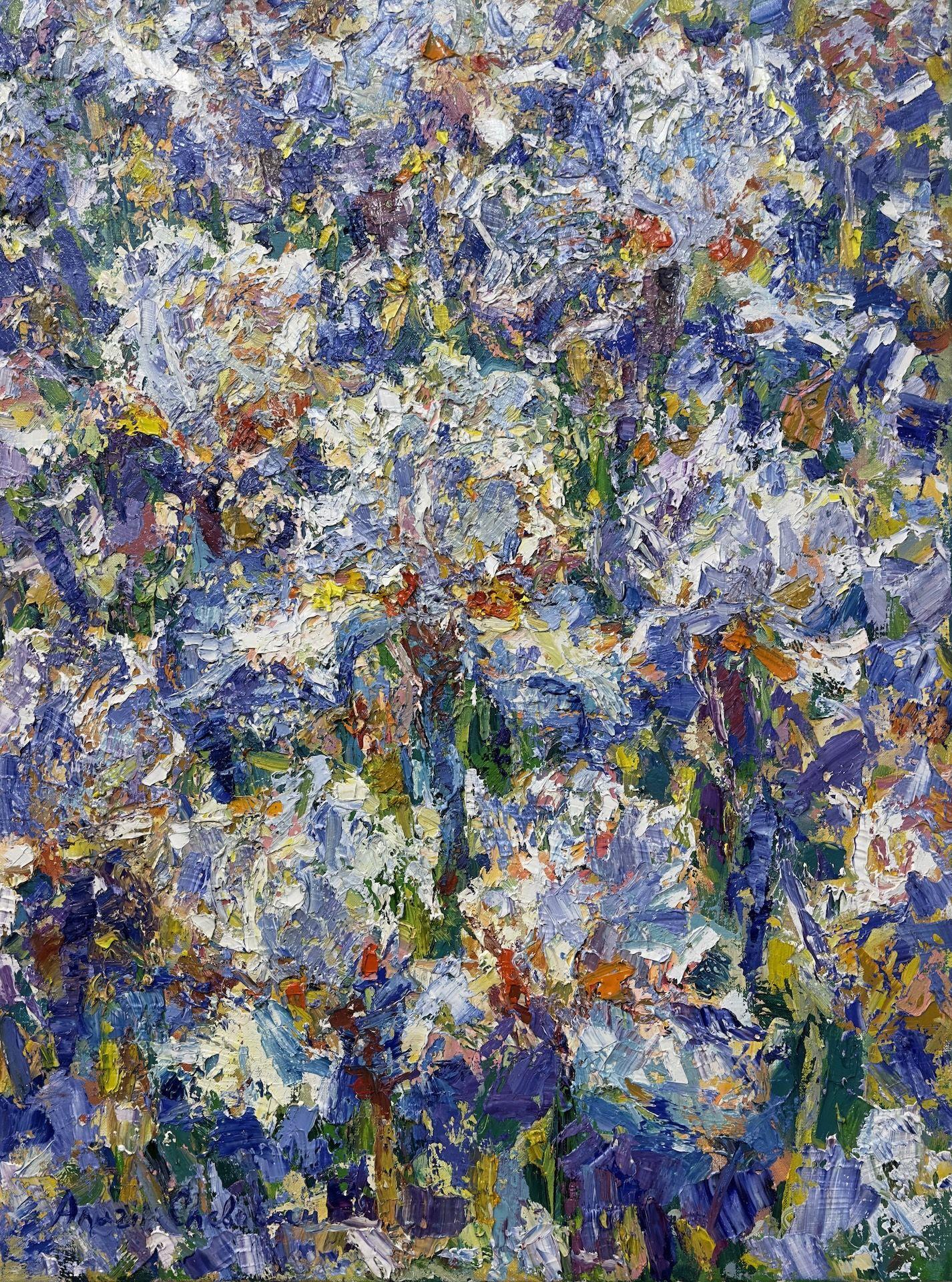 Irises, Peinture, Huile sur Toile - Art de Andrii  Chebotaru