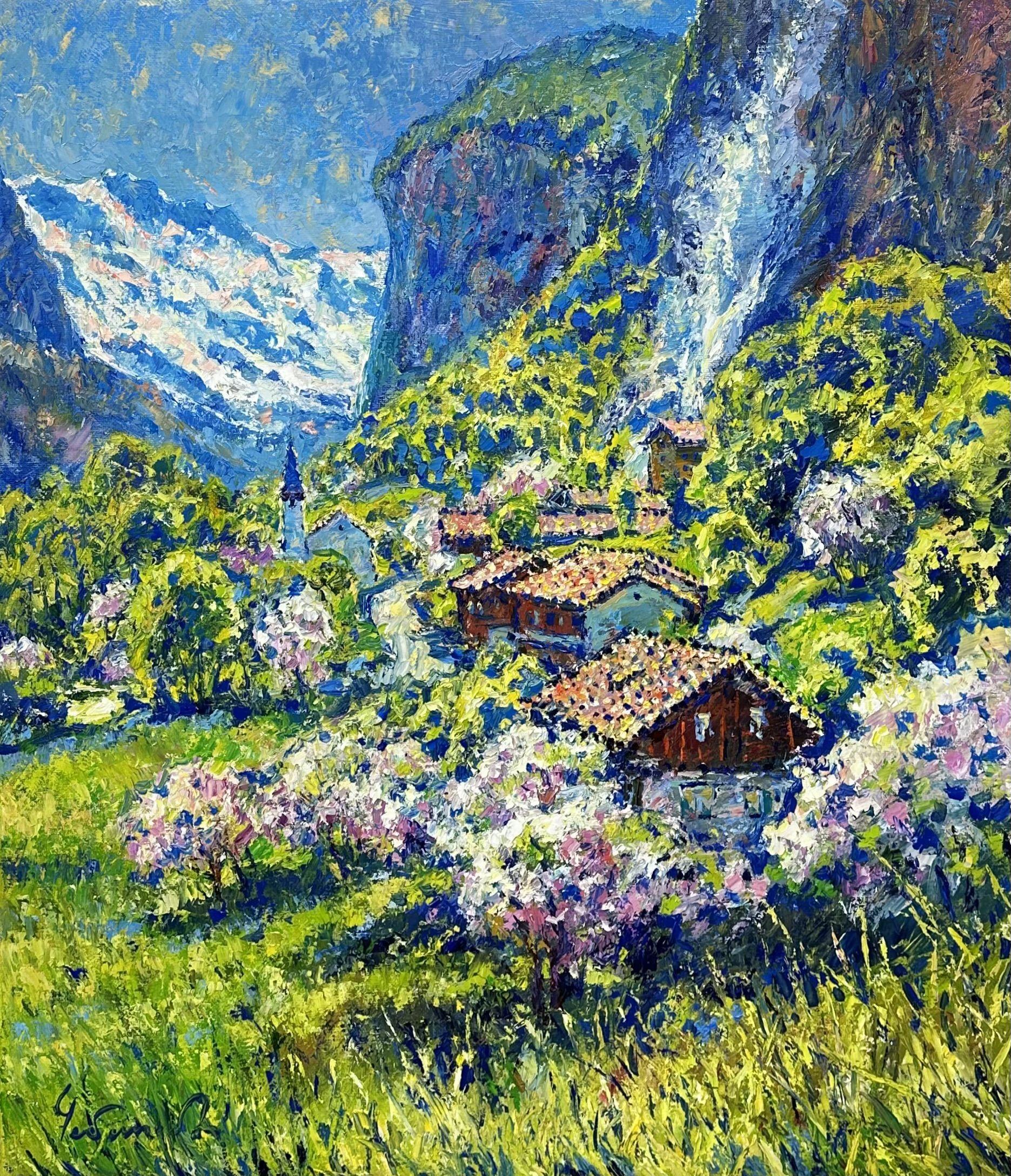 Sérénité dans les Alpes suisses, peinture, huile sur toile - Art de Andrii  Chebotaru
