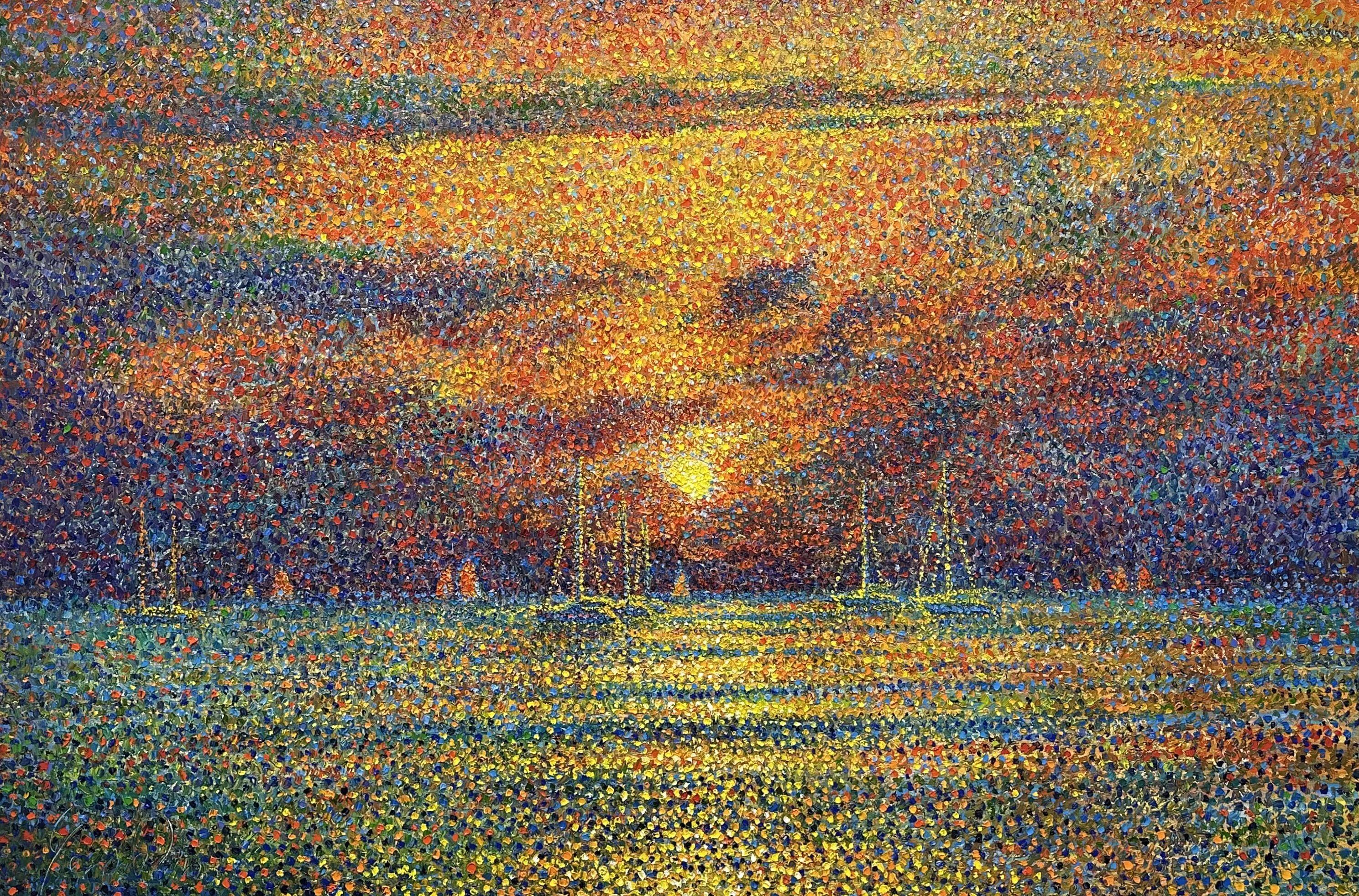 Goldener Sonnenuntergang von Monaco, Gemälde, Öl auf Leinwand