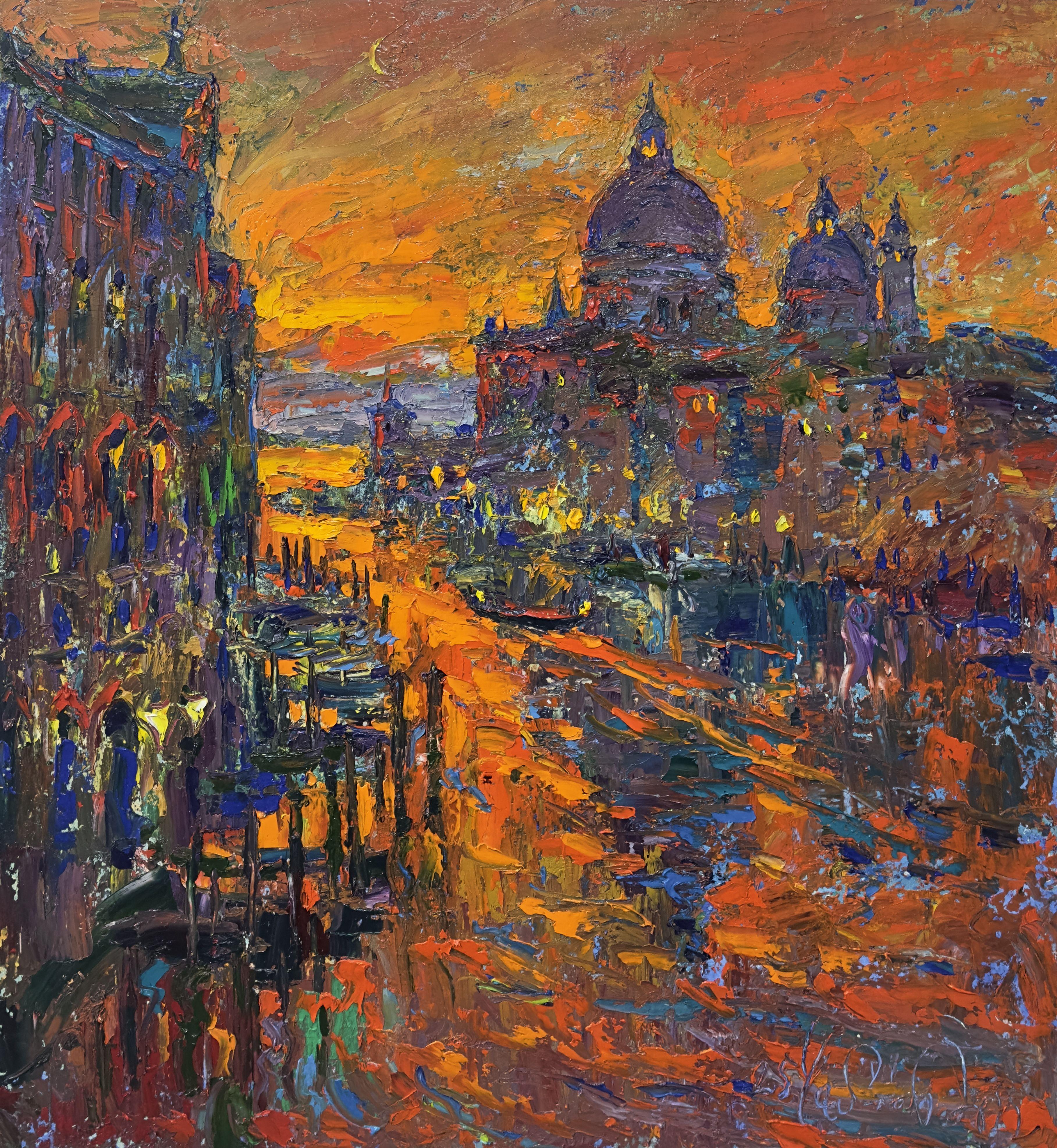 Golden waters of Venice, Painting, Oil on Canvas - Art by Andrii  Chebotaru