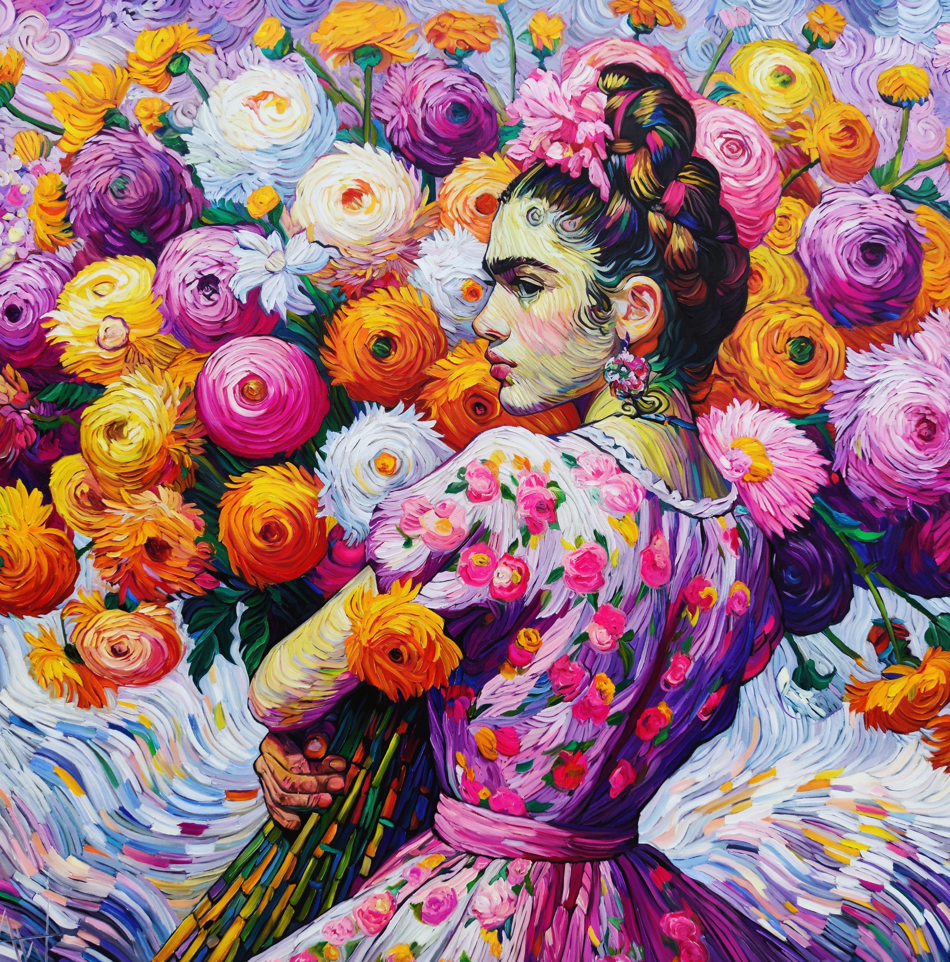 Xochi in Bloom, Painting, Oil on Canvas - Art by Angie Wright