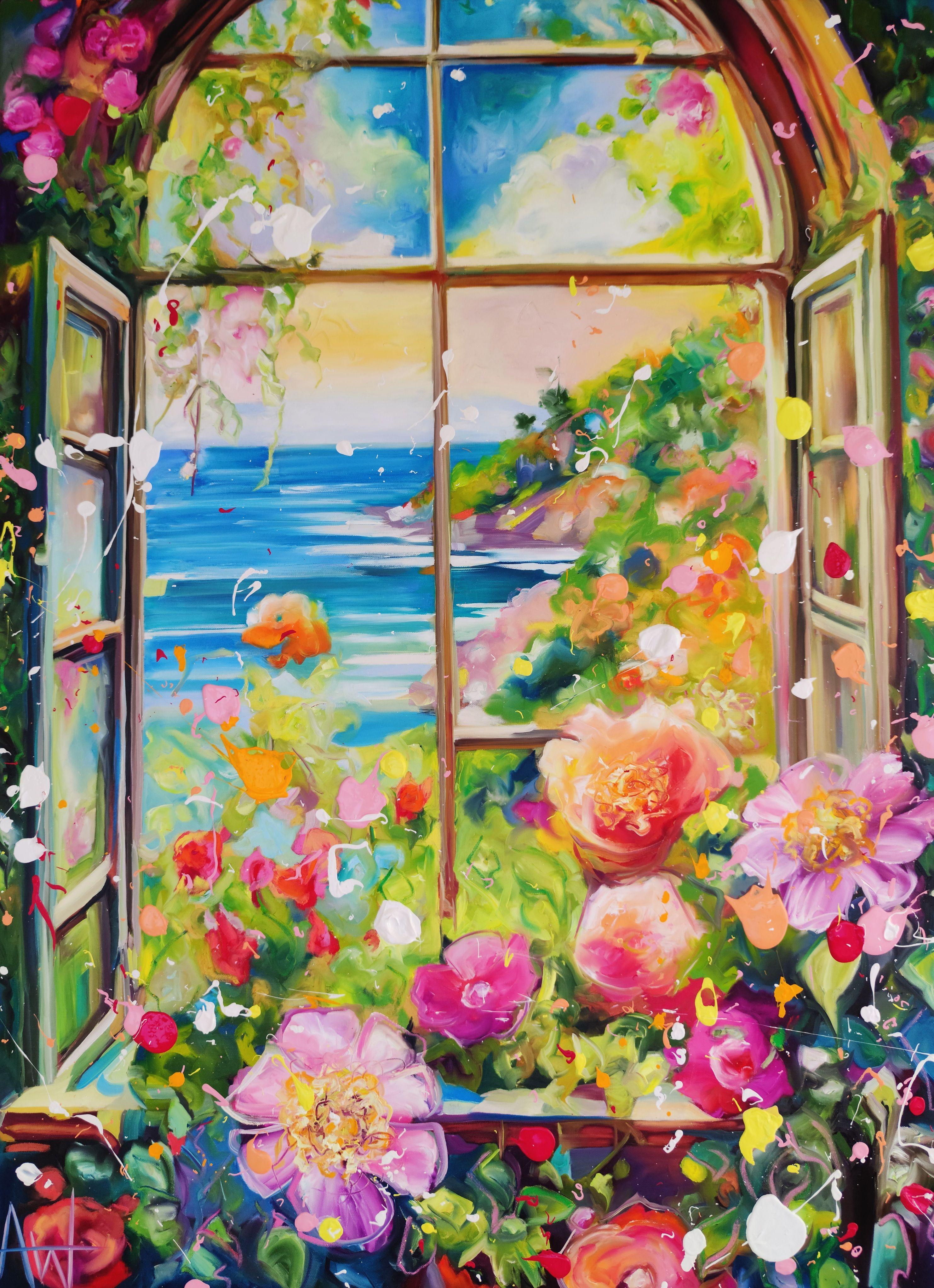 Amber Rose Window, Painting, Oil on Canvas - Art by Angie Wright