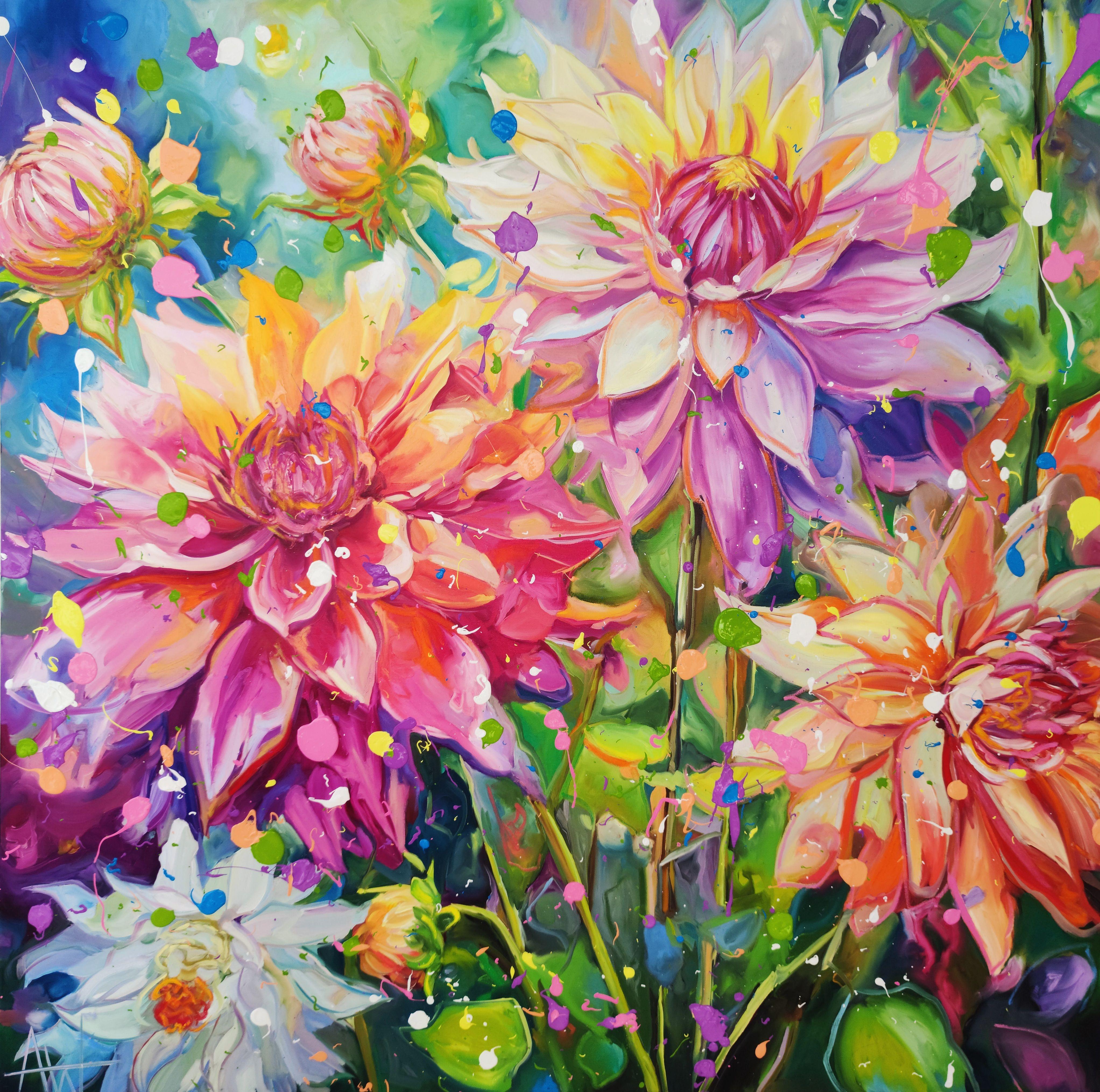 Kaleidoskop-Blüten, Gemälde, Öl auf Leinwand – Art von Angie Wright