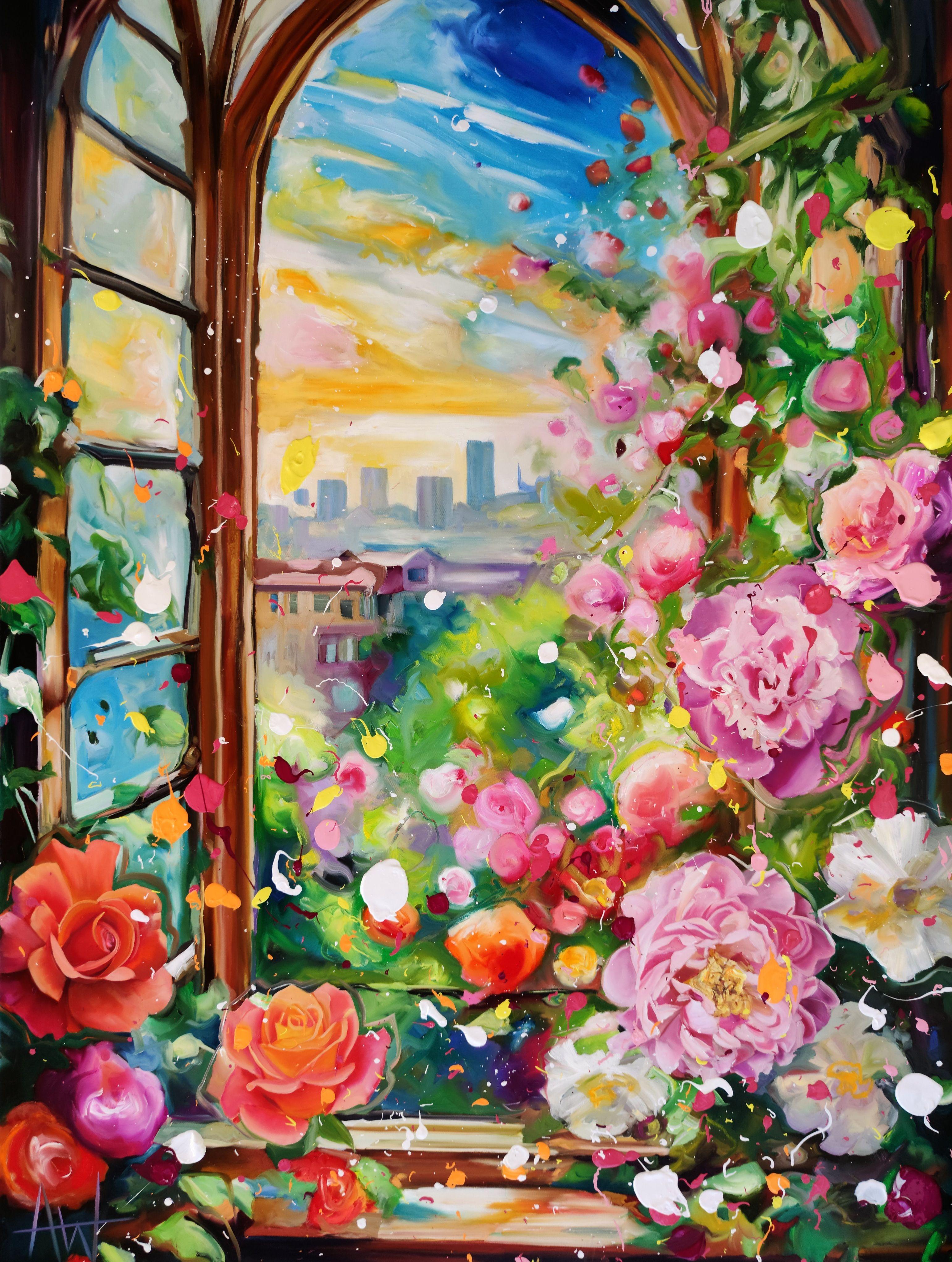Roses and Rooftops, Painting, Oil on Canvas - Art by Angie Wright
