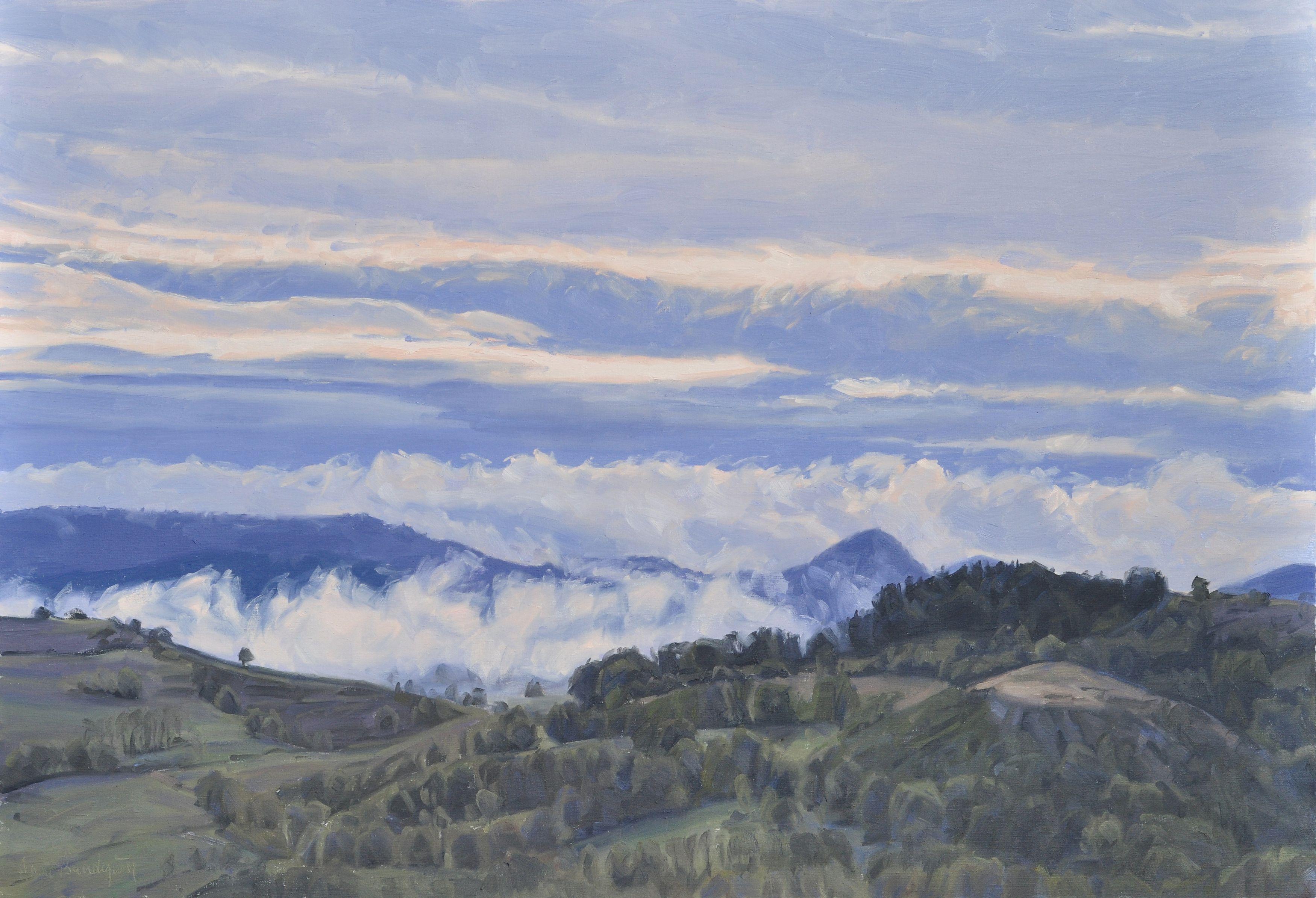 Roches de Mariol in the mist, morning light, Painting, Oil on Canvas