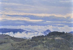 Roches de Mariol dans la brume, lumière du matin, Peinture, Huile sur toile