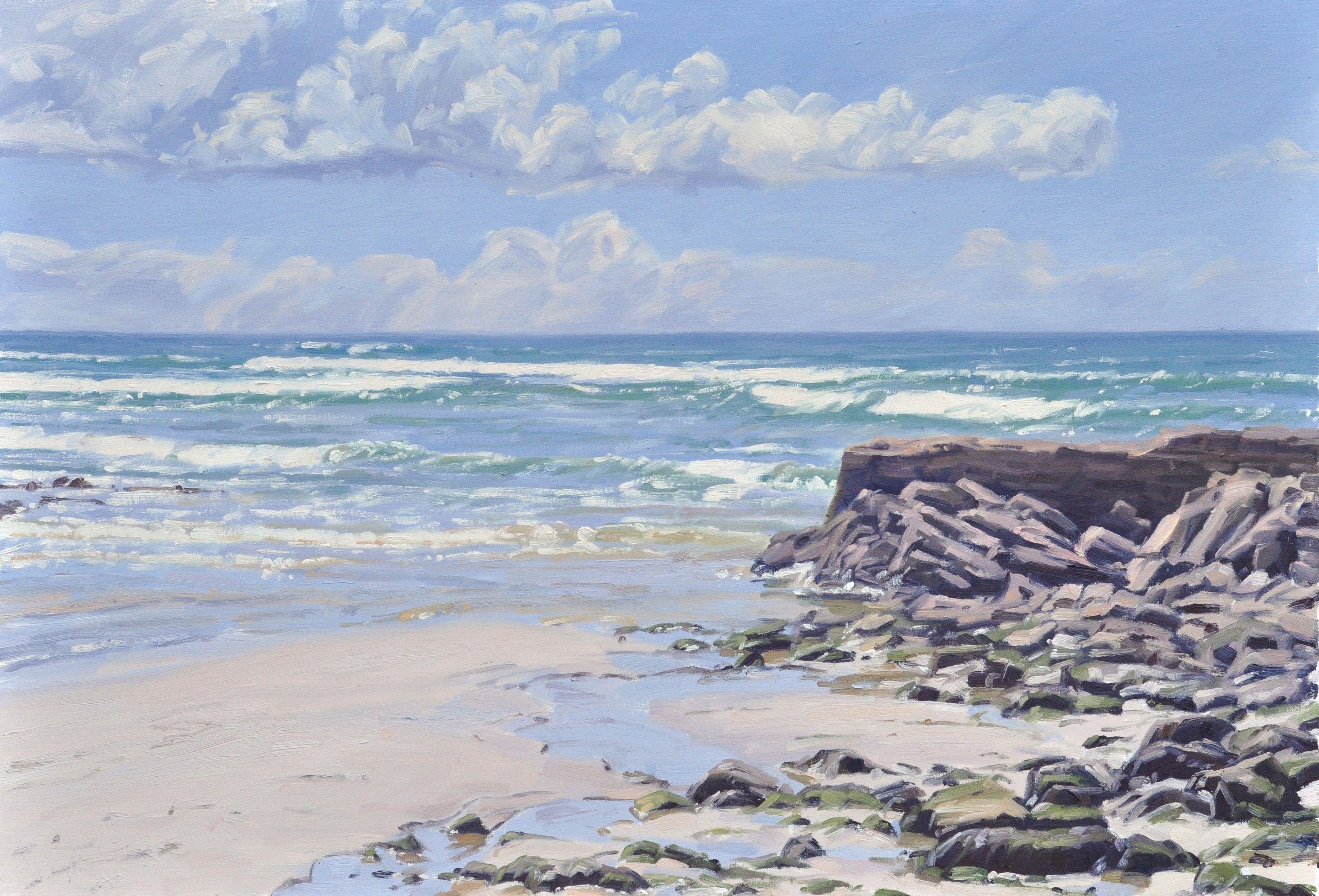 Beach at Low Tide, Morning Glow, Painting, Oil on Canvas