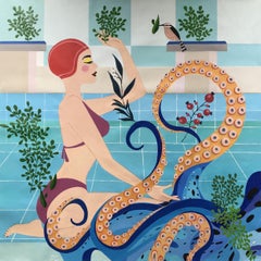 Natatorium 2 - Frau mit Oktopus - Tentakeln, Gemälde, Acryl auf Leinwand