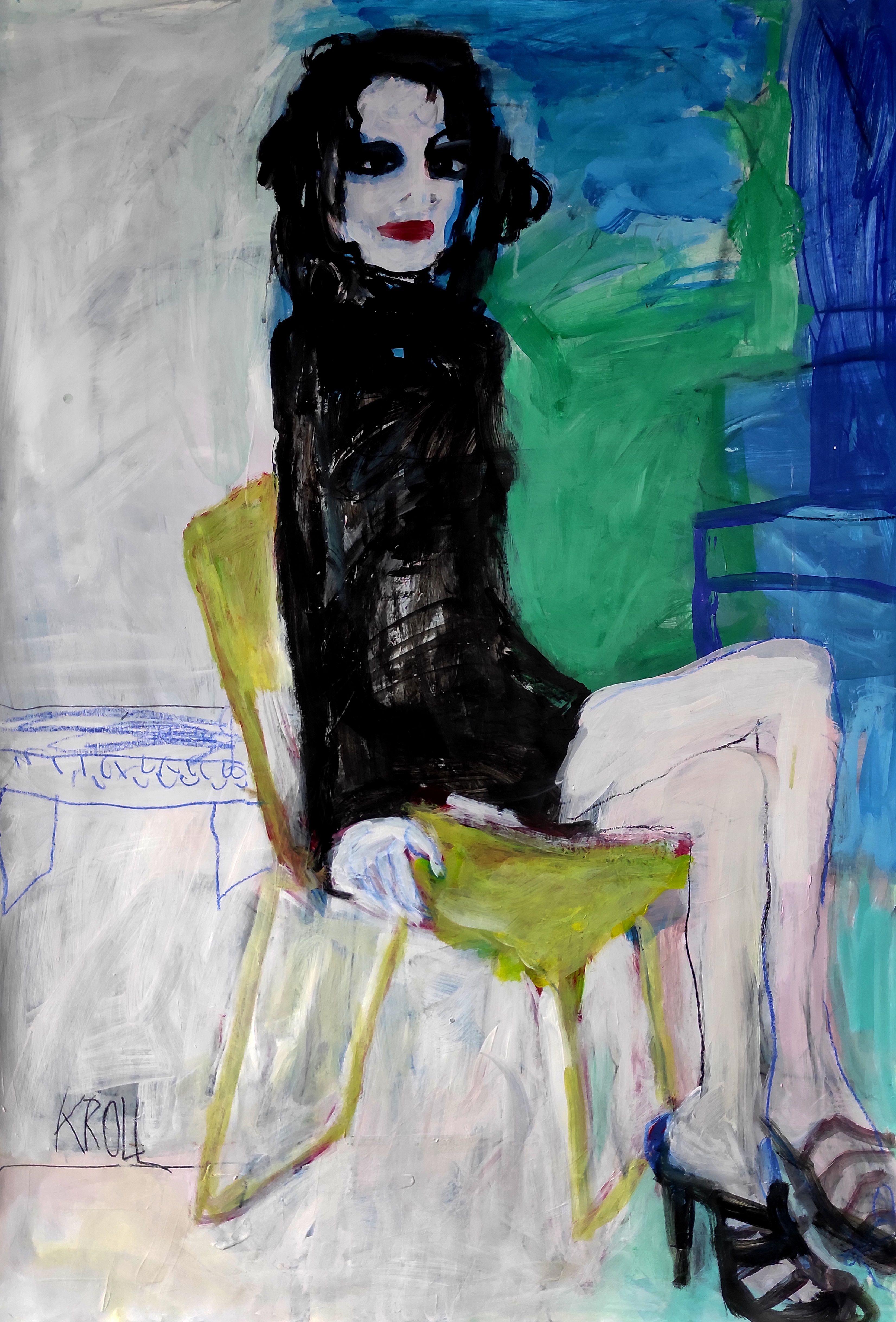 Sitting on yellow chair, Painting, Acrylic on Paper - Art by Barbara Kroll
