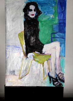 Sitting on yellow chair, Painting, Acrylic on Paper