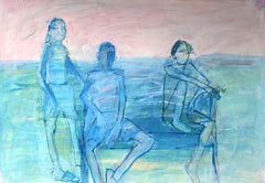 Trois sur un banc, peinture, acrylique sur papier
