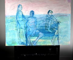 Trois sur un banc, peinture, acrylique sur papier