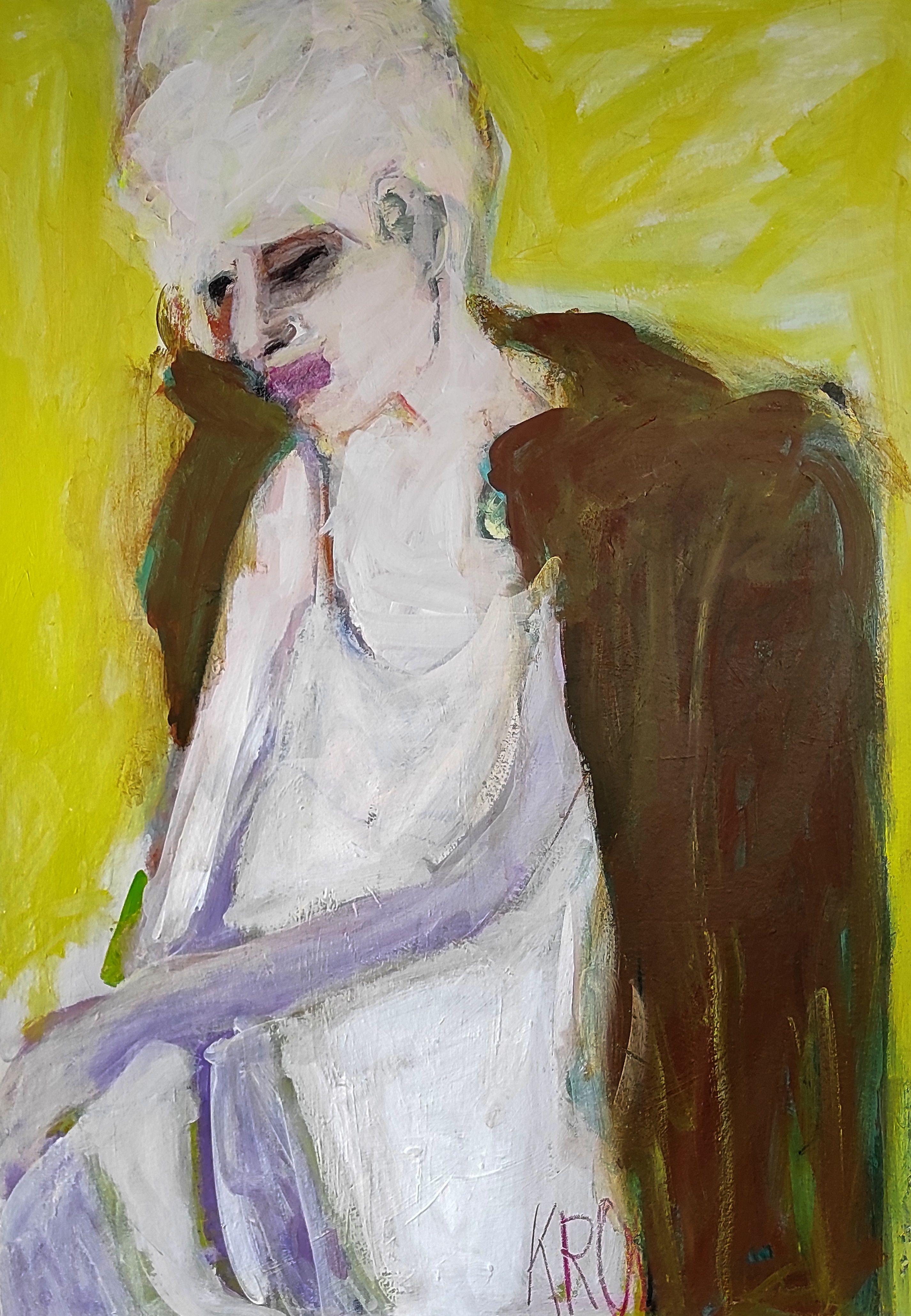 Donna in camera gialla, Pittura, Acrilico su carta - Art di Barbara Kroll