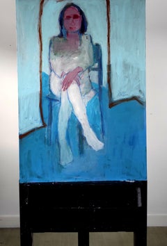 Sitting woman with red face, Painting, Acrylic on Paper