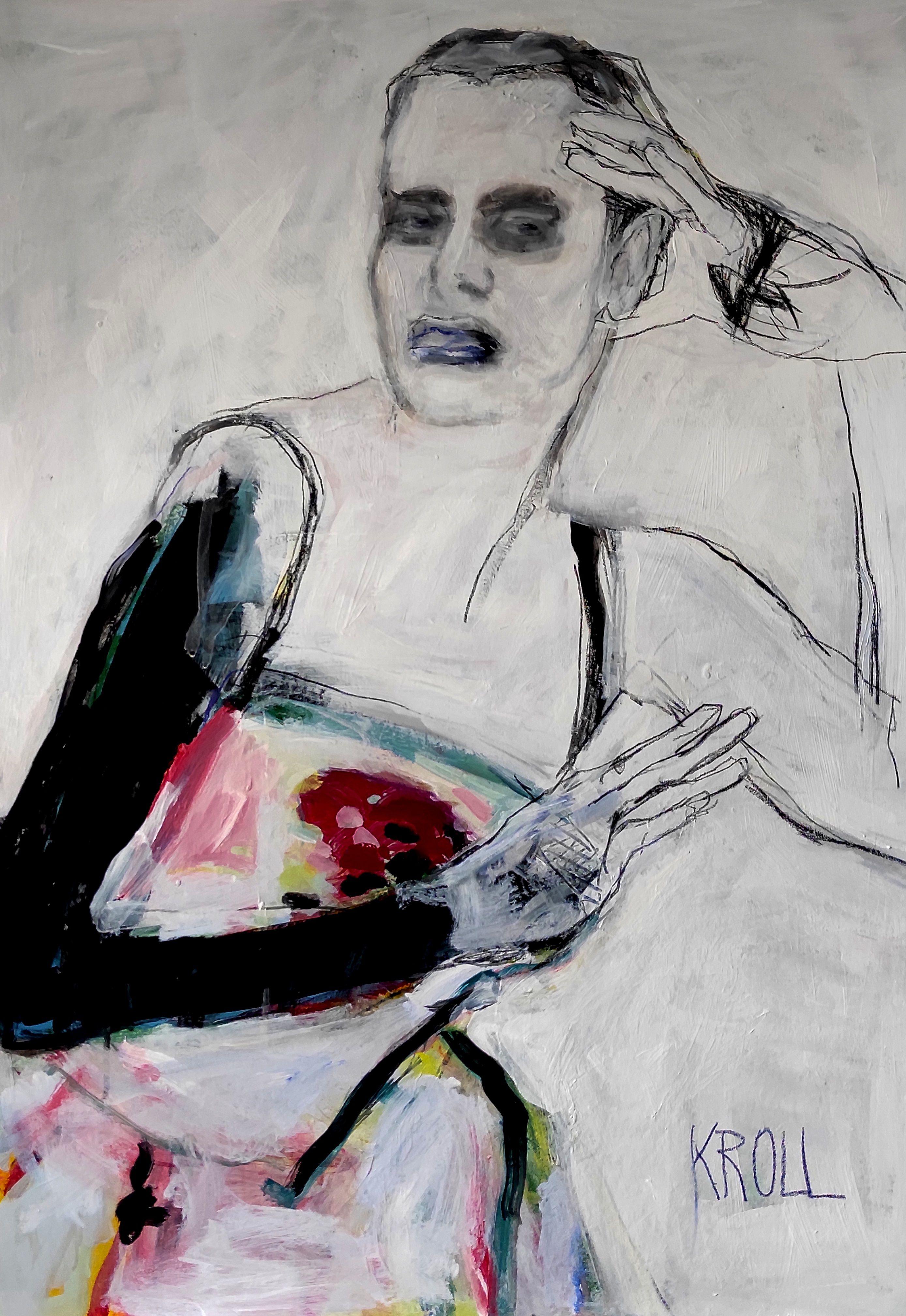 Femme avec des gants, Dessin, Crayon/Crayon de couleur sur papier