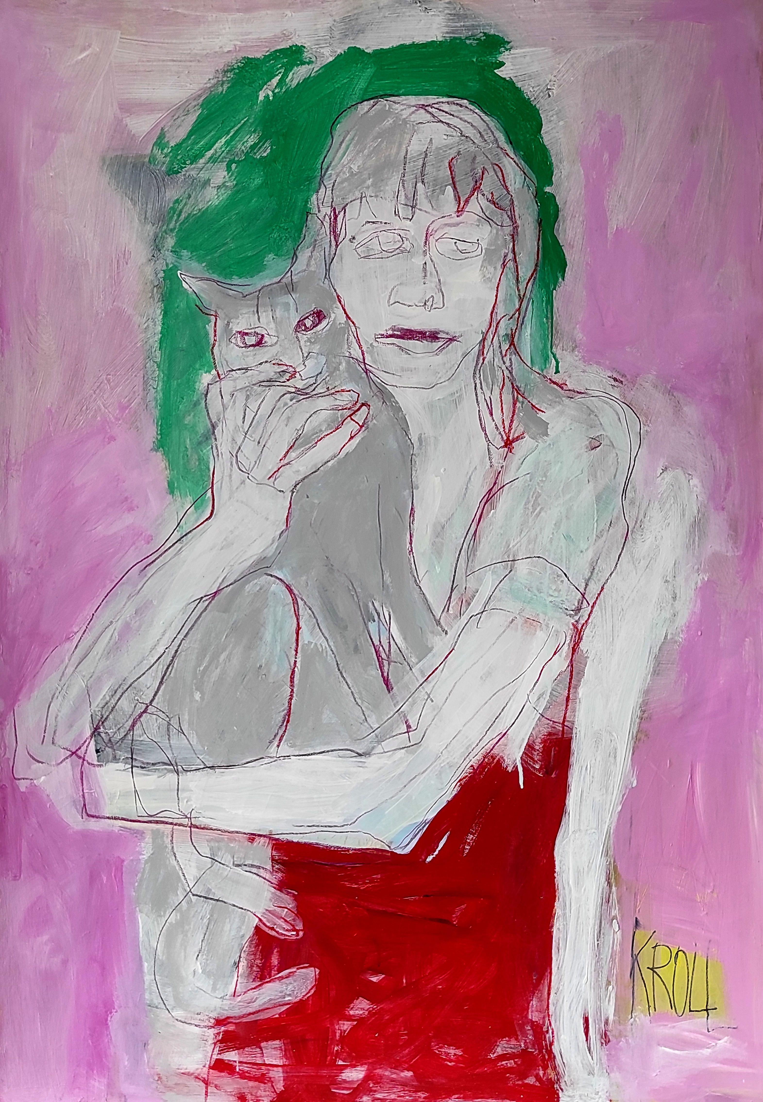 Woman with cat, Drawing, Pencil/Colored Pencil on Paper - Art by Barbara Kroll