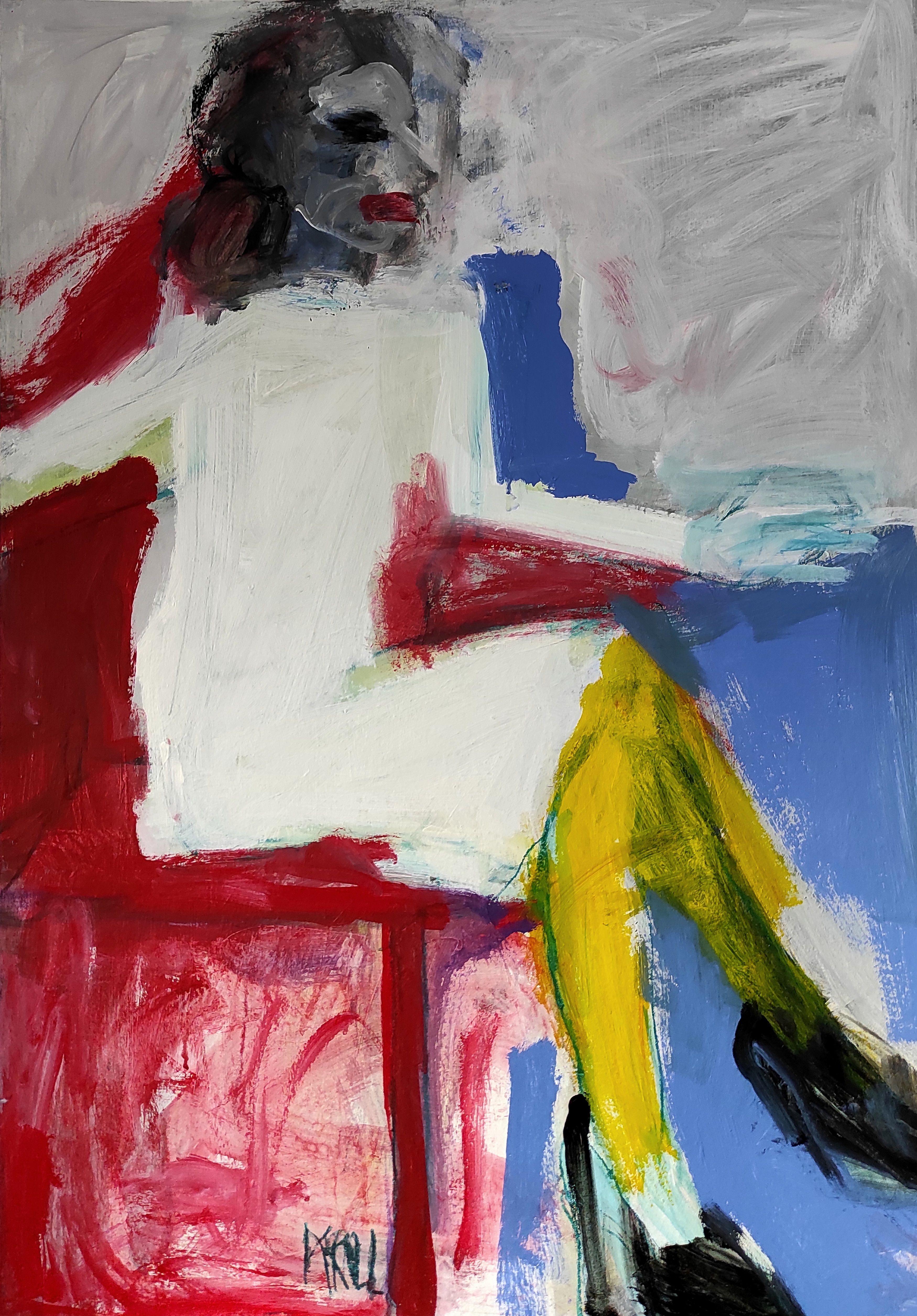 Femme dans une chaise rouge, peinture, acrylique sur papier