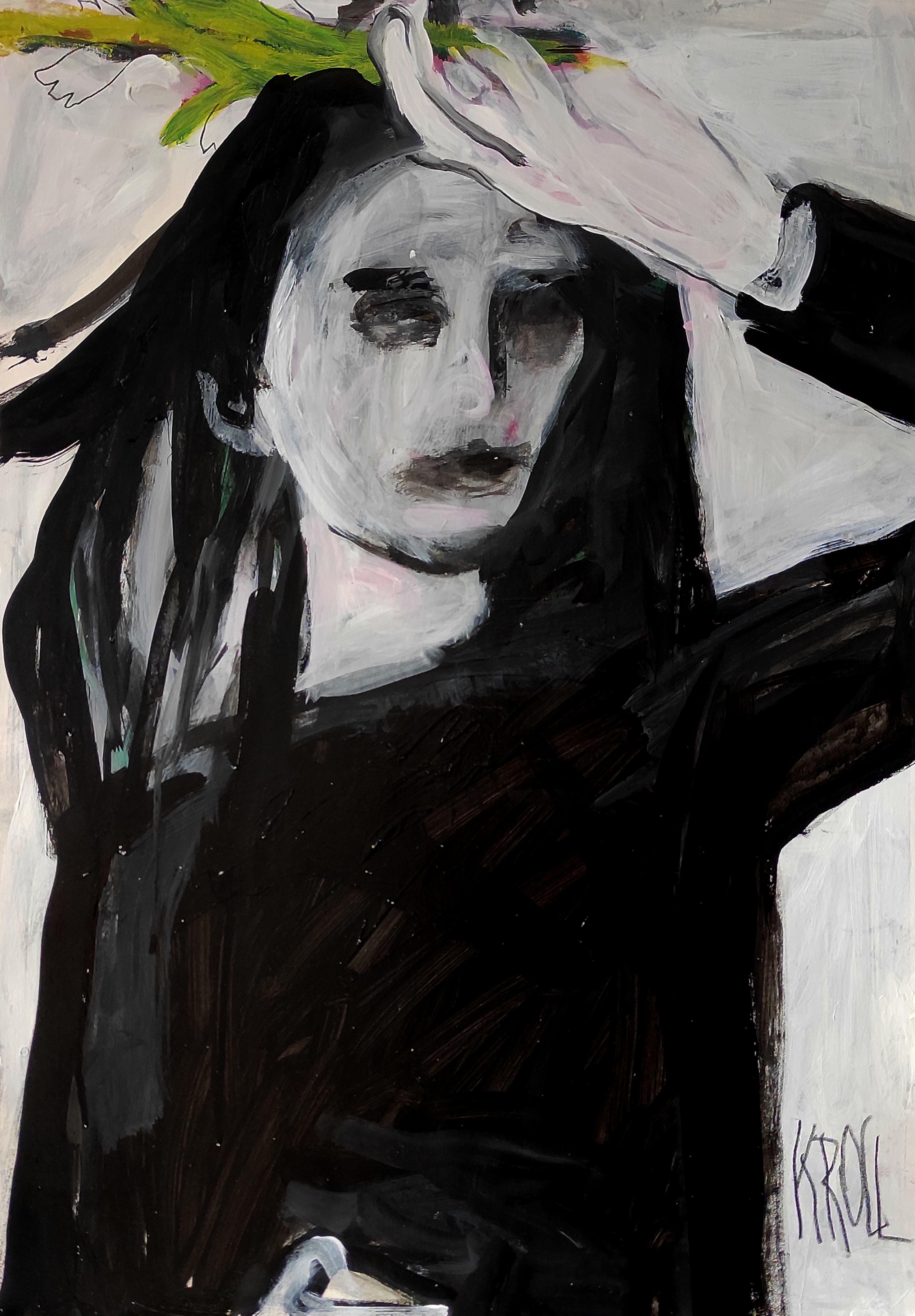 Portrait with a green branch, Painting, Acrylic on Paper
