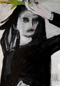 Portrait avec une branche verte, peinture, acrylique sur papier