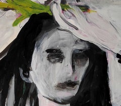Portrait avec une branche verte, peinture, acrylique sur papier