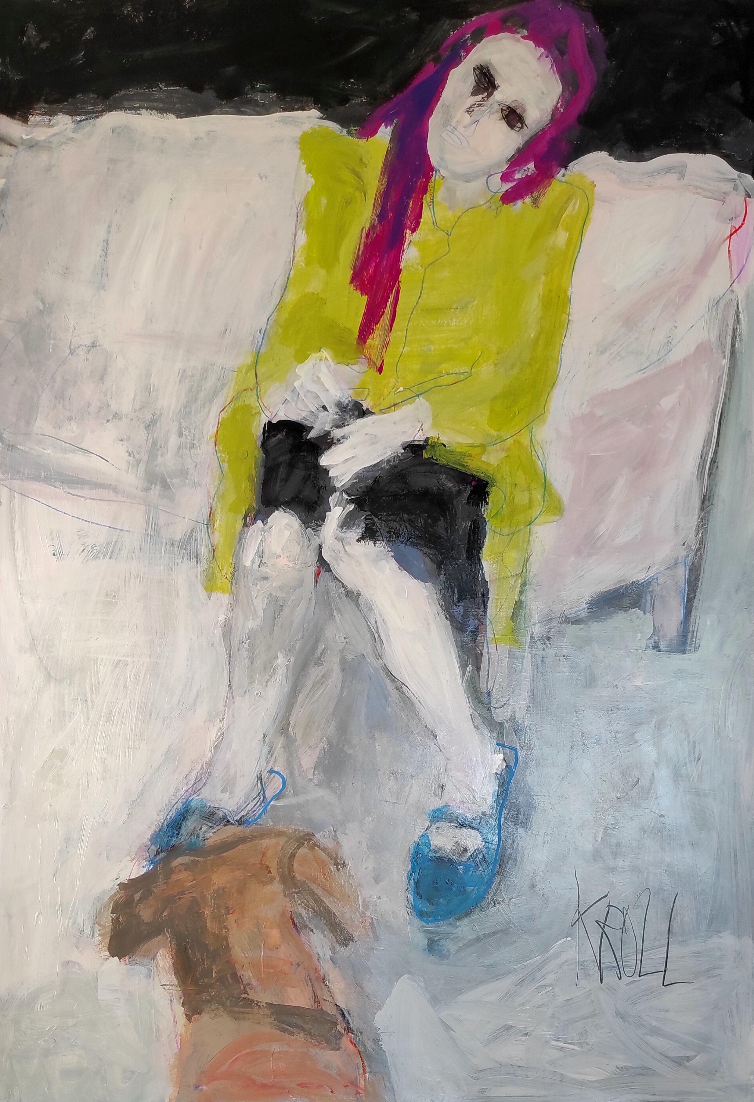 Femme avec chien, peinture, acrylique sur papier - Art de Barbara Kroll
