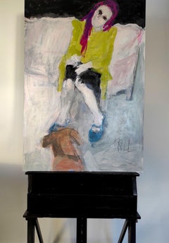 Femme avec chien, peinture, acrylique sur papier