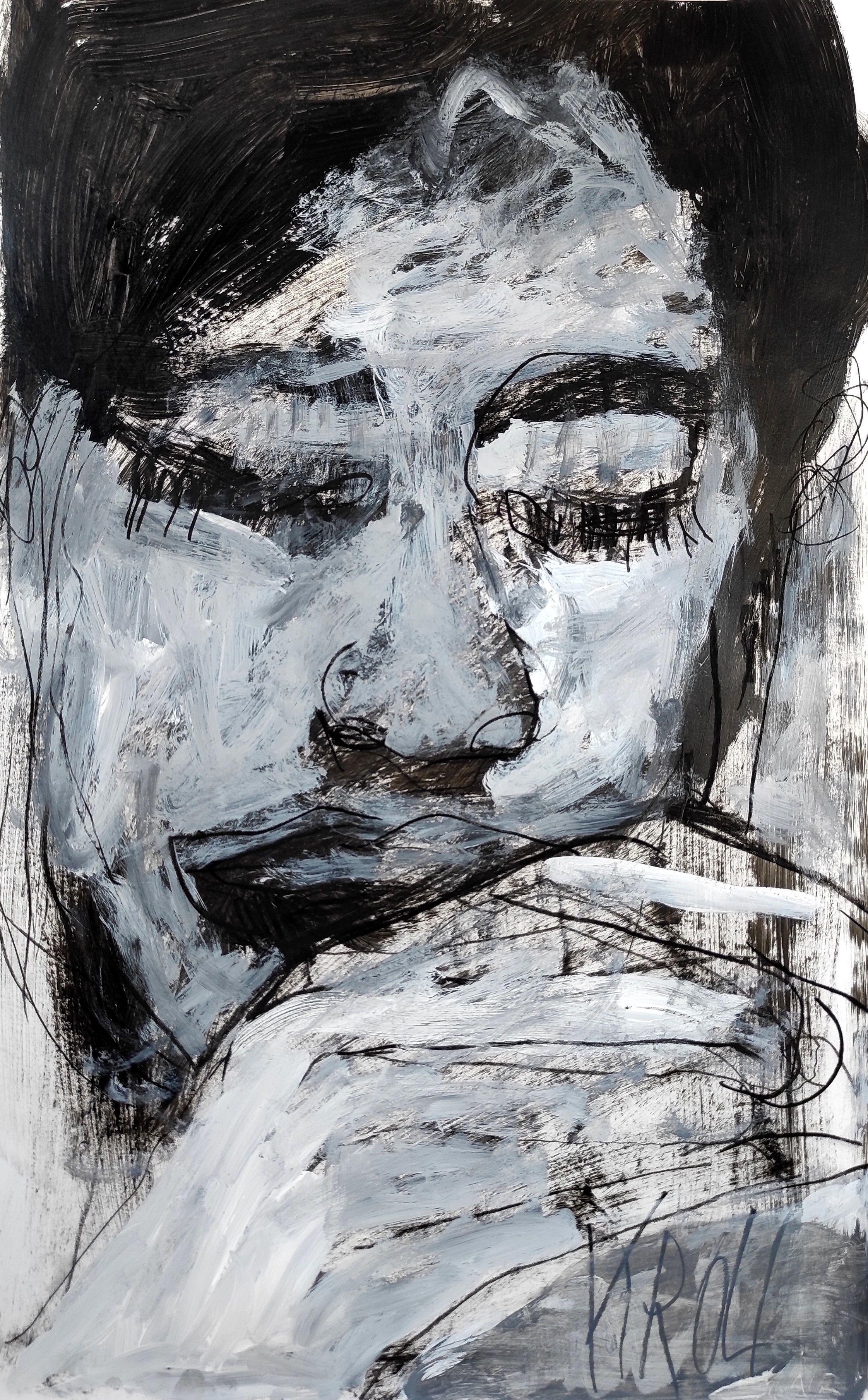 Portrait 09, Dessin, Crayon/Crayon de couleur sur papier - Art de Barbara Kroll