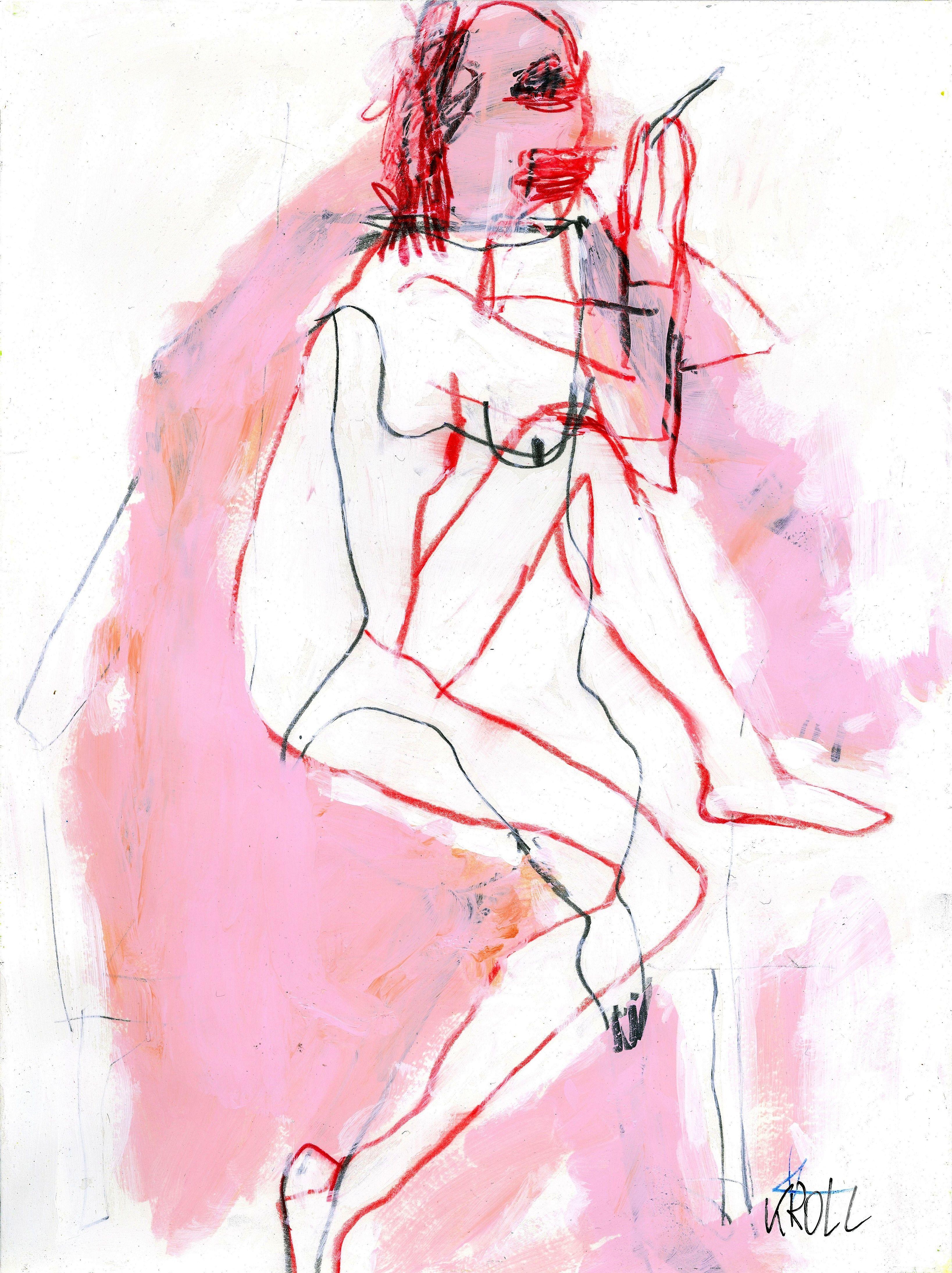 Nude with cigarette, Drawing, Pencil/Colored Pencil on Paper - Art by Barbara Kroll