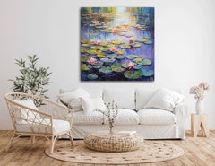 Paisaje de ensueño estanque de lirios, Pintura, Acrílico sobre lienzo