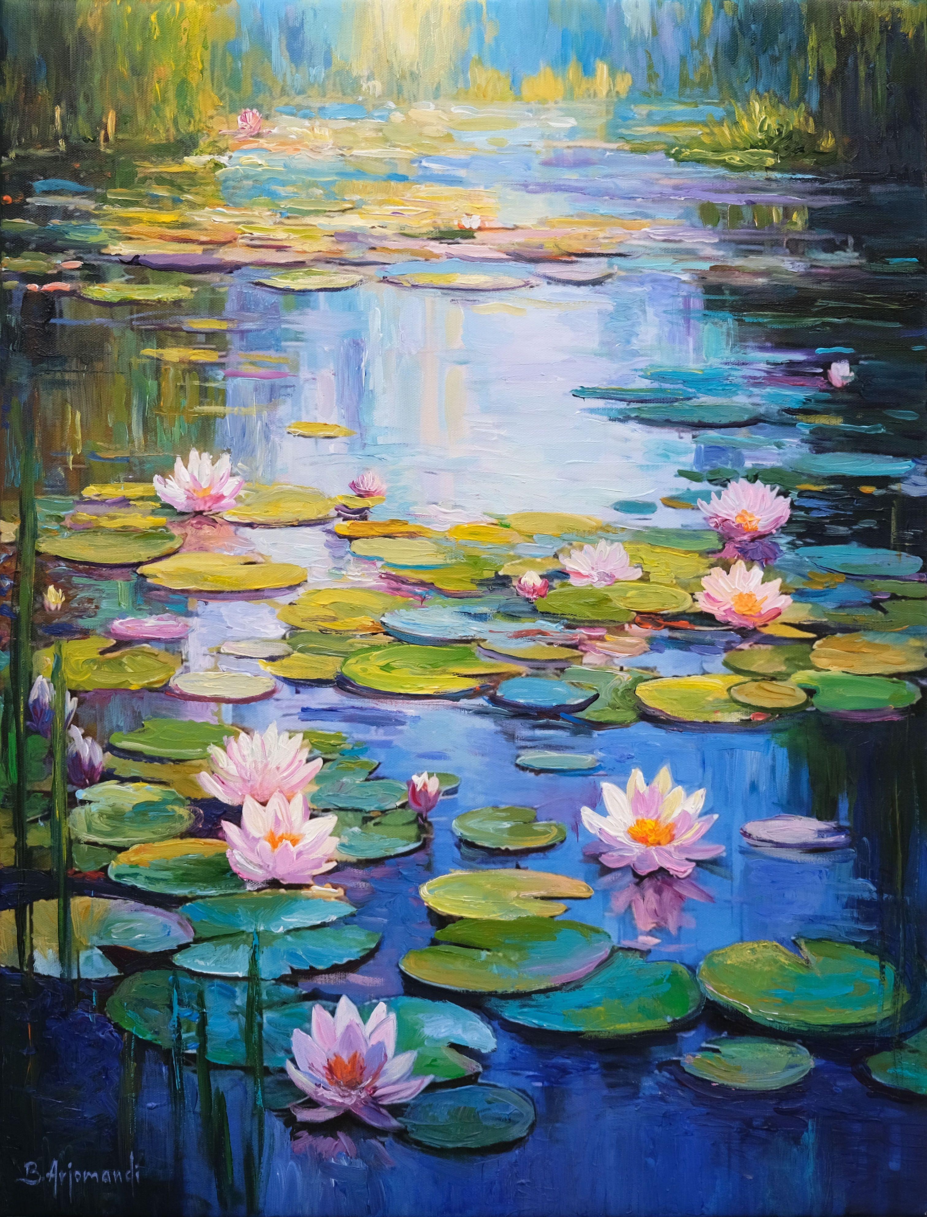 Matin étang à nénuphars, peinture, acrylique sur toile