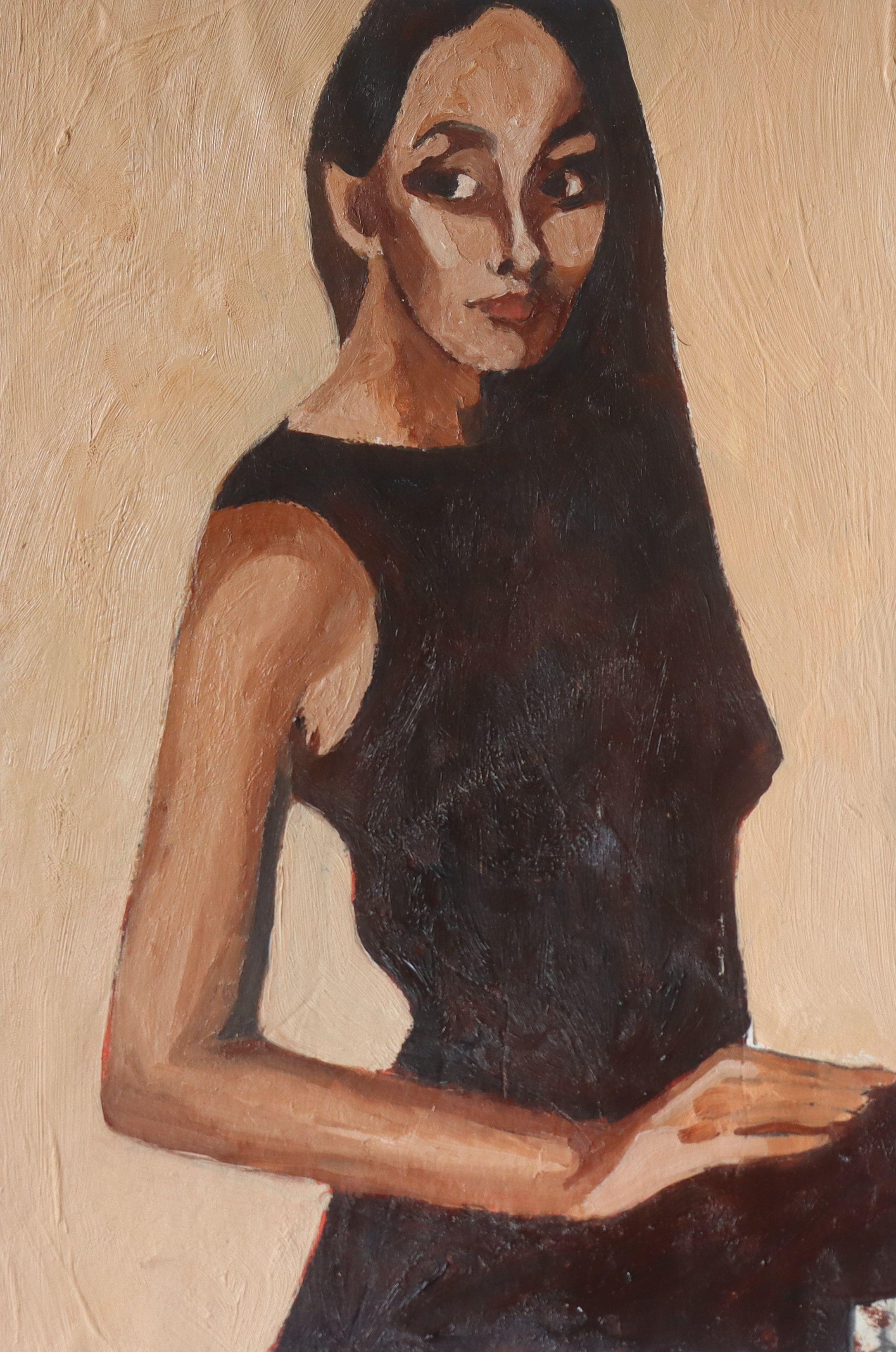 Schwarzes Kleid, Malerei, Öl auf Papier