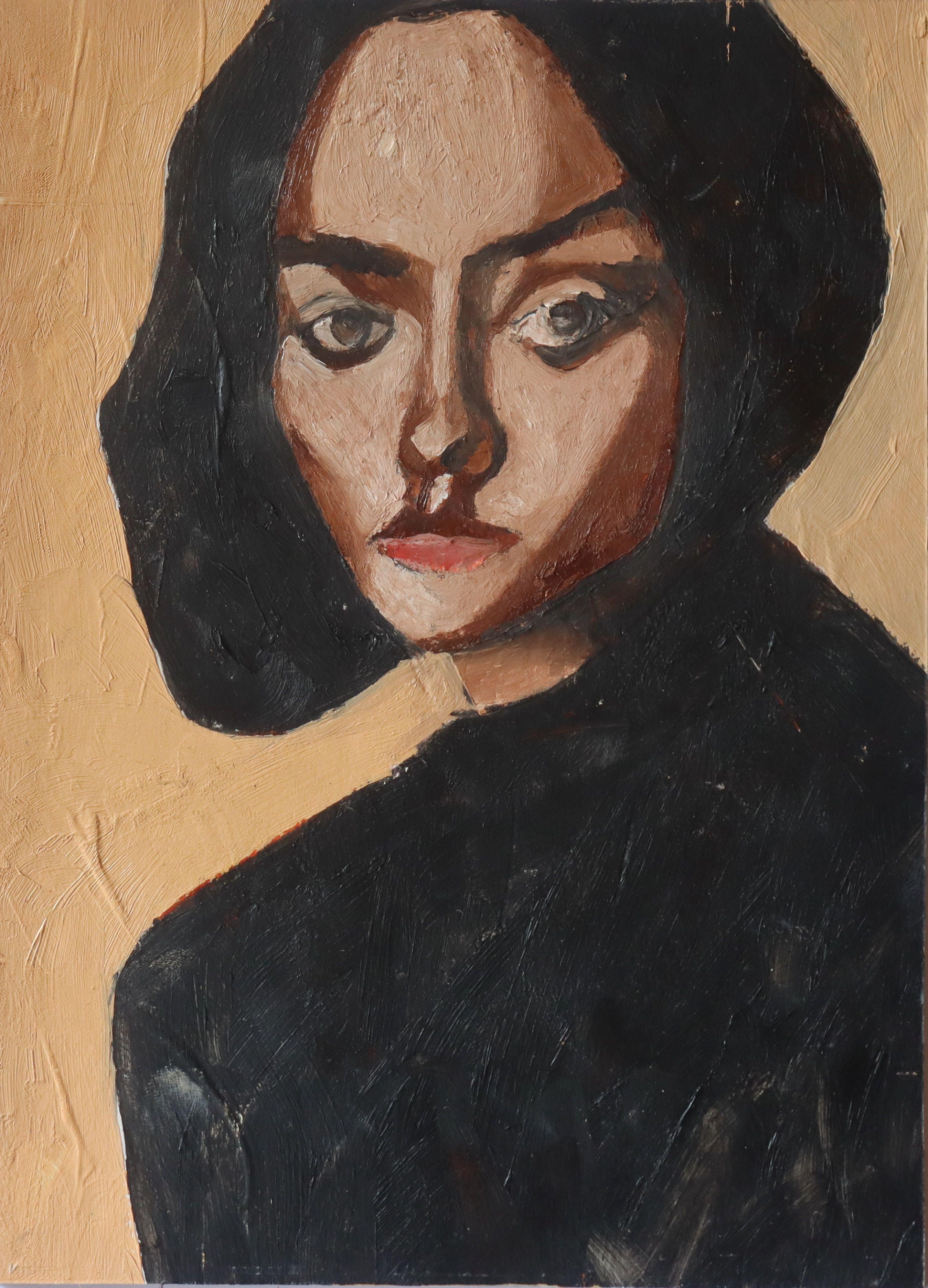 Frau in Schwarz, Gemälde, Öl auf Papier – Art von Benjamin Carrivick