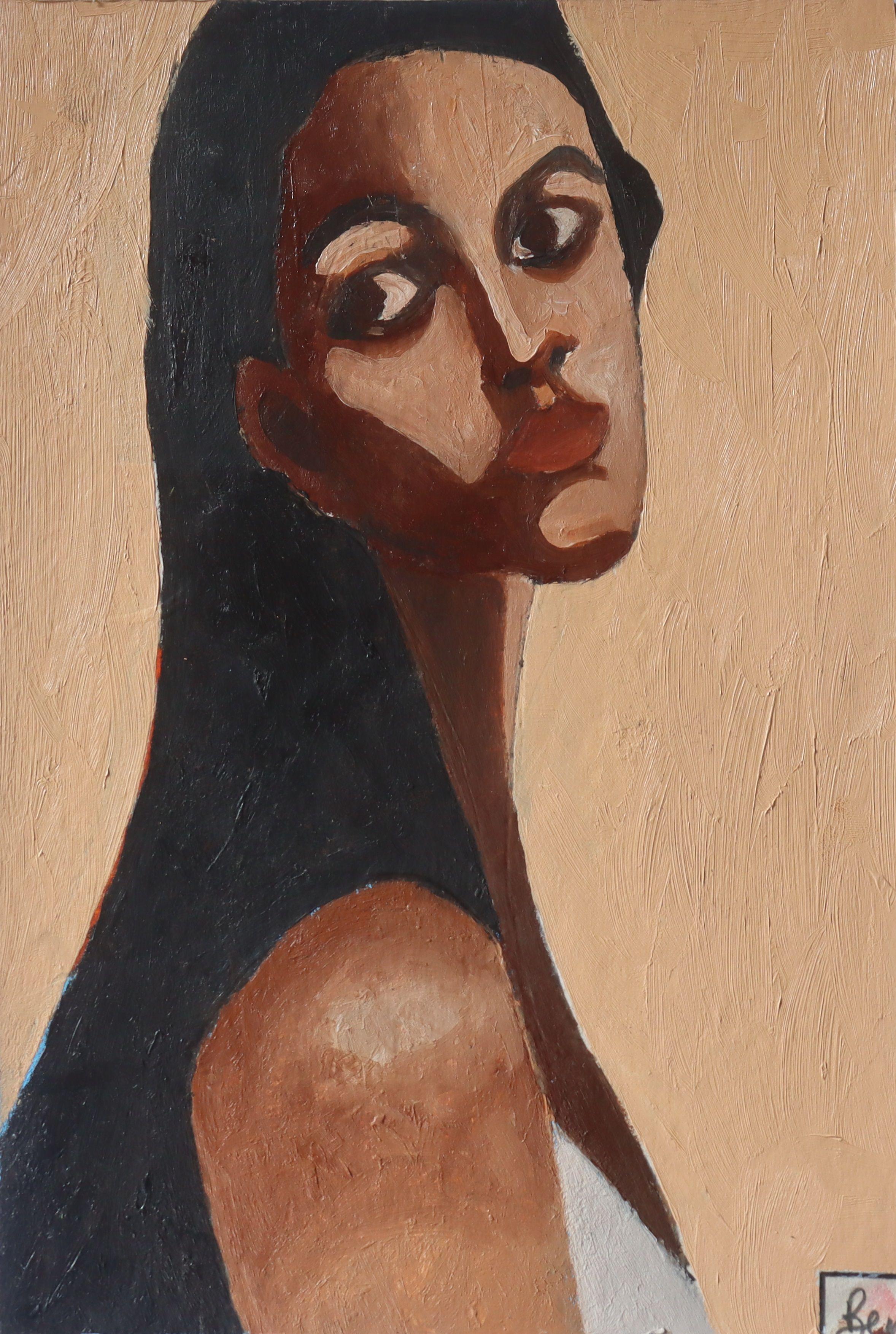 Frau mit langen schwarzen Haaren, Gemälde, Öl auf Papier