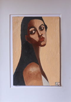 Woman with Long Black Hair, Painting, Oil on Paper