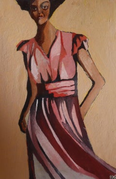 Frau in einem langen rosa Kleid, Gemälde, Öl auf Papier